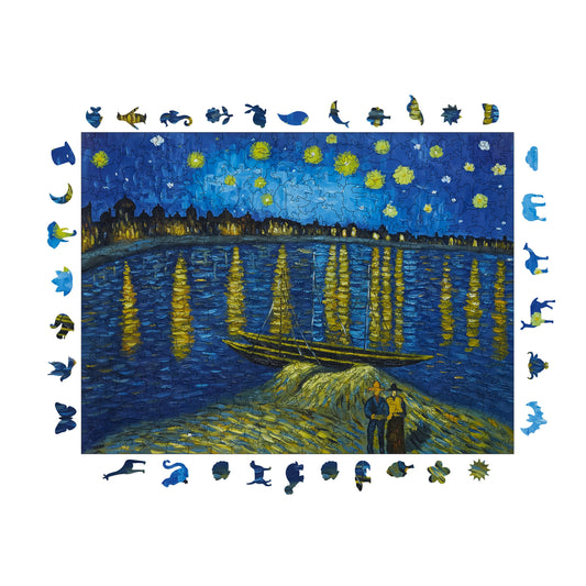 Wooden Puzzles for Adults, Van Gogh A Starry Night on the Rhine Premium Jigsaw Puzzles, 450 Pieces Challenging Wooden Jigsaw, 11,4"x15,4" (29x39 cm)