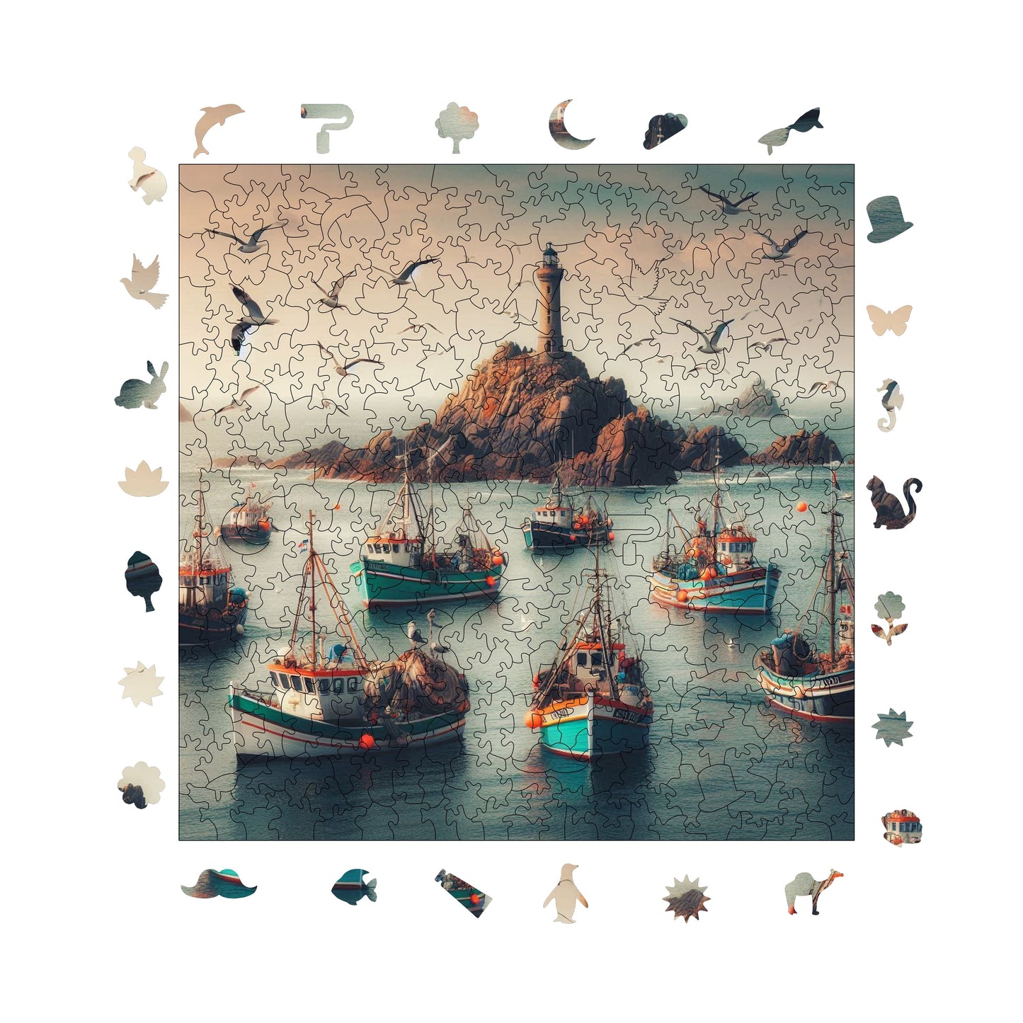 Wooden Puzzles for Adults, Fisherman's Bay Premium Jigsaw Puzzles, 353 Pieces Challenging Wooden Jigsaw, 11,4"x11,4" (29x29 cm)