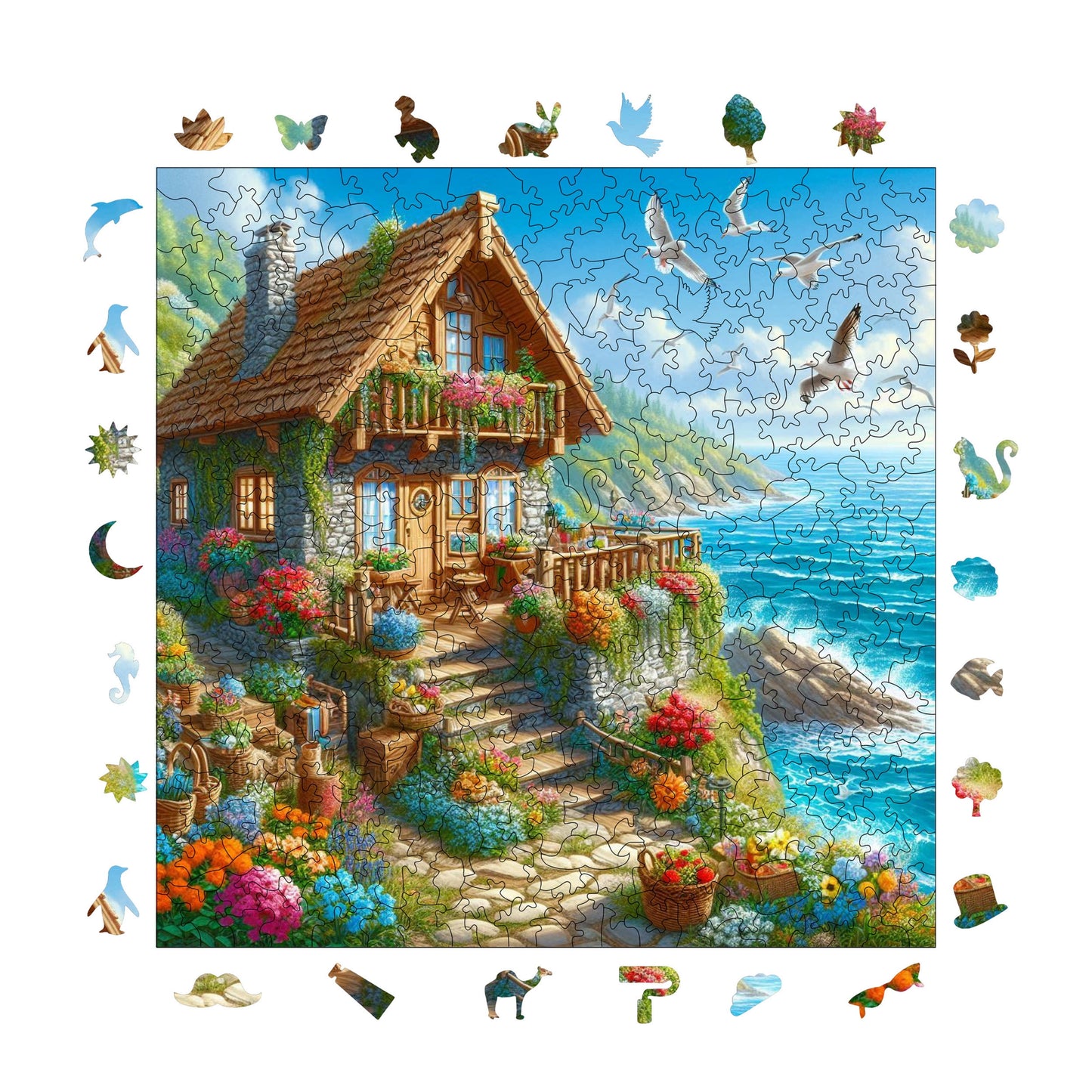 Wooden Puzzles for Adults, Cottage by the Sea Premium Jigsaw Puzzles, 353 Pieces Challenging Wooden Jigsaw, 11,4"x11,4" (29x29 cm)