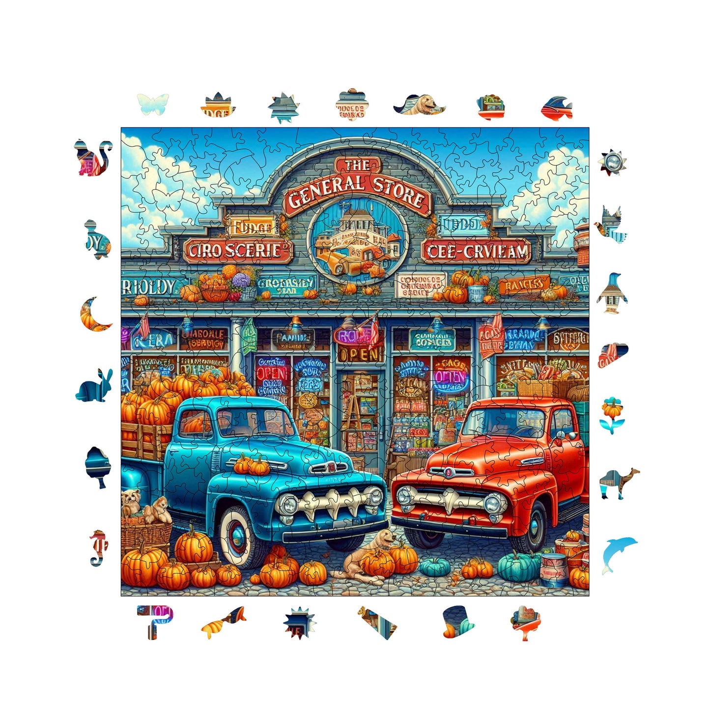 Holzpuzzle für Erwachsene, Small Town Market Premium Puzzle, 353 Teile anspruchsvolles Holzpuzzle, 11,4"x11,4" (29x29 cm) einzigartige Form, Holzpuzzle für Erwachsene