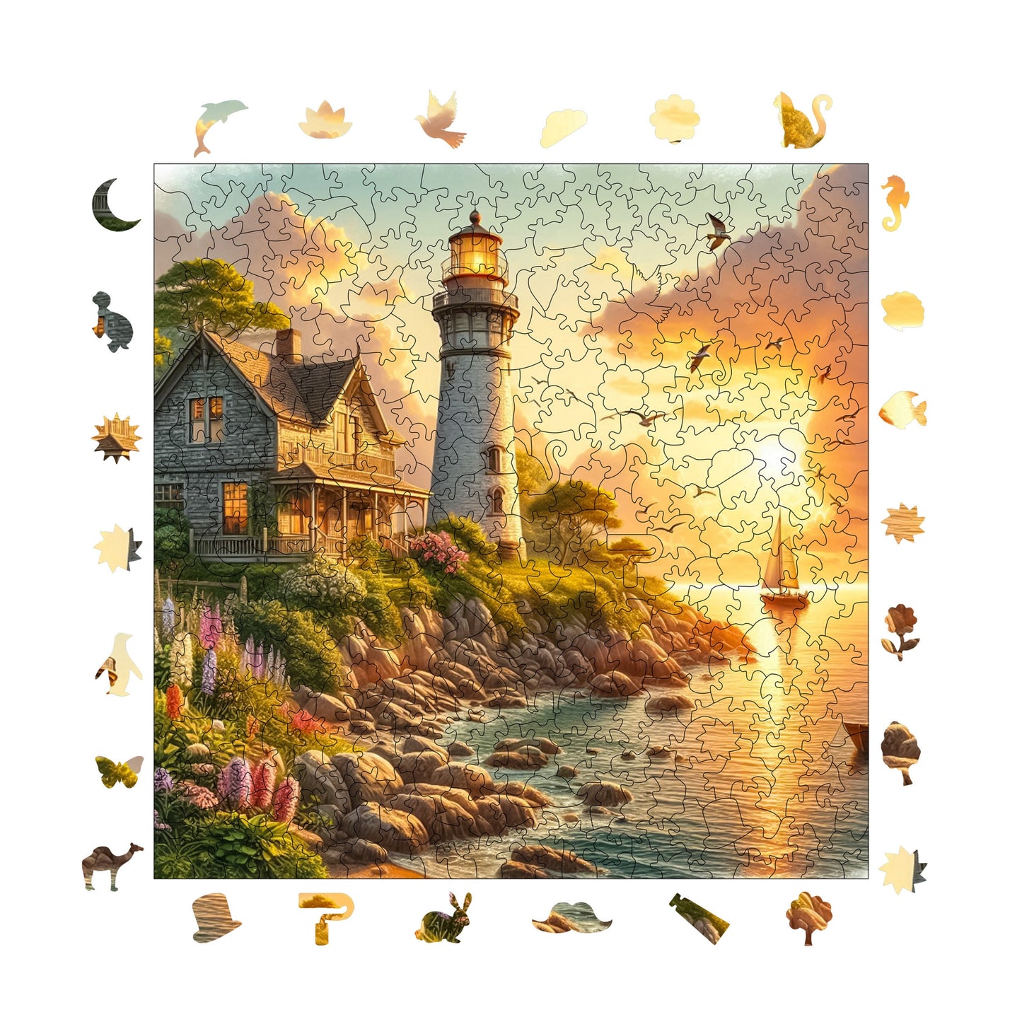 Wooden Puzzles for Adults, Sunset at the Lighthouse Premium Jigsaw Puzzles, 353 Pieces Challenging Wooden Jigsaw, 11,4"x11,4" (29x29 cm)