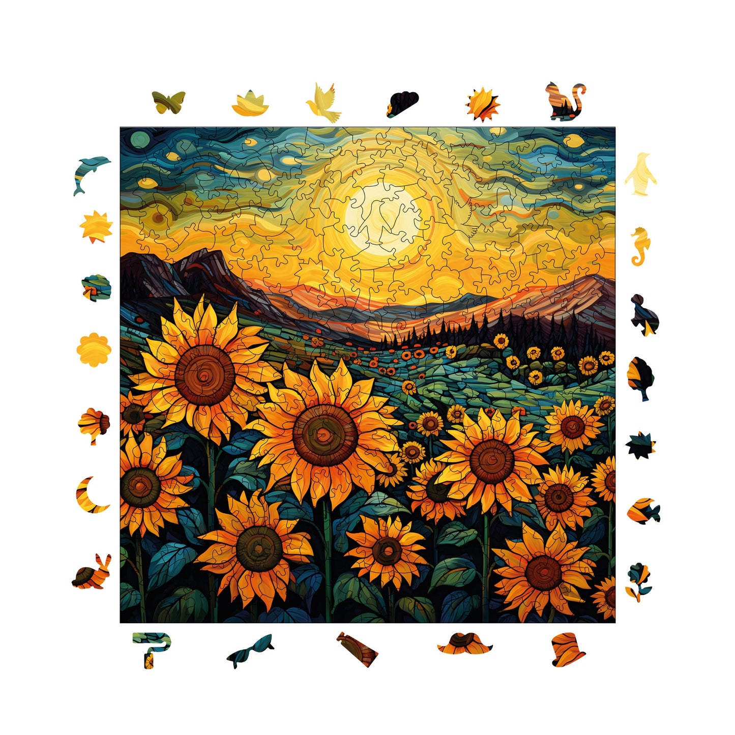Wooden Puzzles for Adults, Evening in the Sunflower Field Premium Jigsaw Puzzles, 353 Pieces Challenging Wooden Jigsaw, 11,4"x11,4" (29x29 cm)