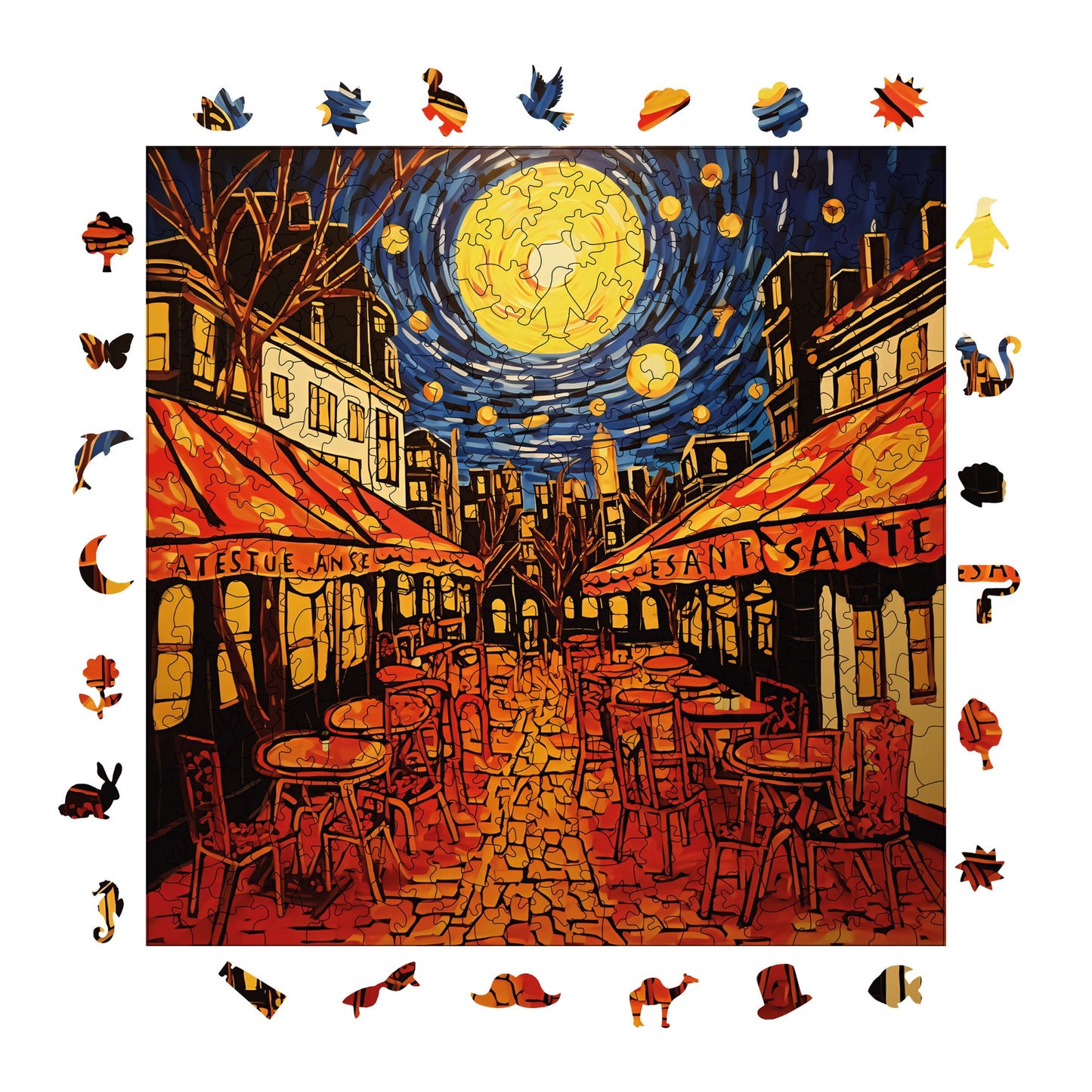 Wooden Puzzles for Adults, Van Gogh Cafe Terrace Starry Night Reproduction Premium Jigsaw Puzzles, 353 Pieces Wooden Jigsaw, 11,4"x11,4" (29x29 cm)