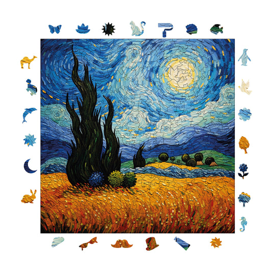 Wooden Puzzles for Adults, Van Gogh Starry Night Reproduction Premium Jigsaw Puzzles, 353 Pieces Challenging Wooden Jigsaw, 11,4"x11,4" (29x29 cm)