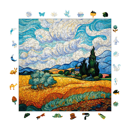 Wooden Puzzles for Adults, Van Gogh Wheat Field with Cypresses Reproduction Premium Jigsaw Puzzles, 353 Pieces Wooden Jigsaw, 11,4"x11,4" (29x29 cm)