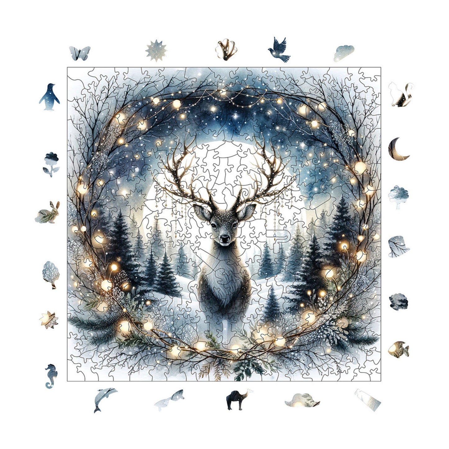 Holzpuzzle für Erwachsene, Hirsch unter dem Silbermond, Premium-Puzzle, 353 Teile, anspruchsvolles Holzpuzzle, 29 x 29 cm, einzigartige Form, Holzpuzzle für Erwachsene