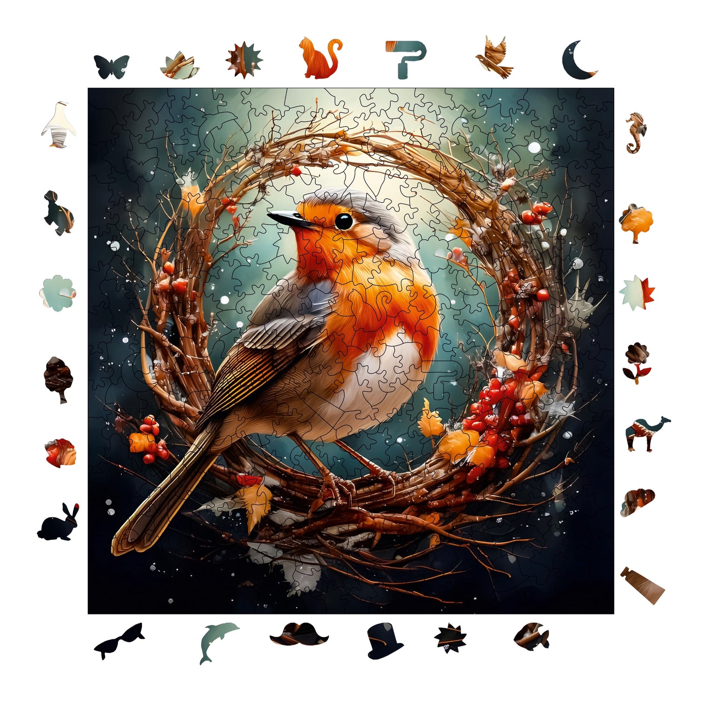 Holzpuzzle für Erwachsene, Rotkehlchen-Vogel-Premium-Puzzle, 353 Teile anspruchsvolles Holzpuzzle, 11,4"x11,4" (29x29 cm) einzigartige Form, Holzpuzzle für Erwachsene
