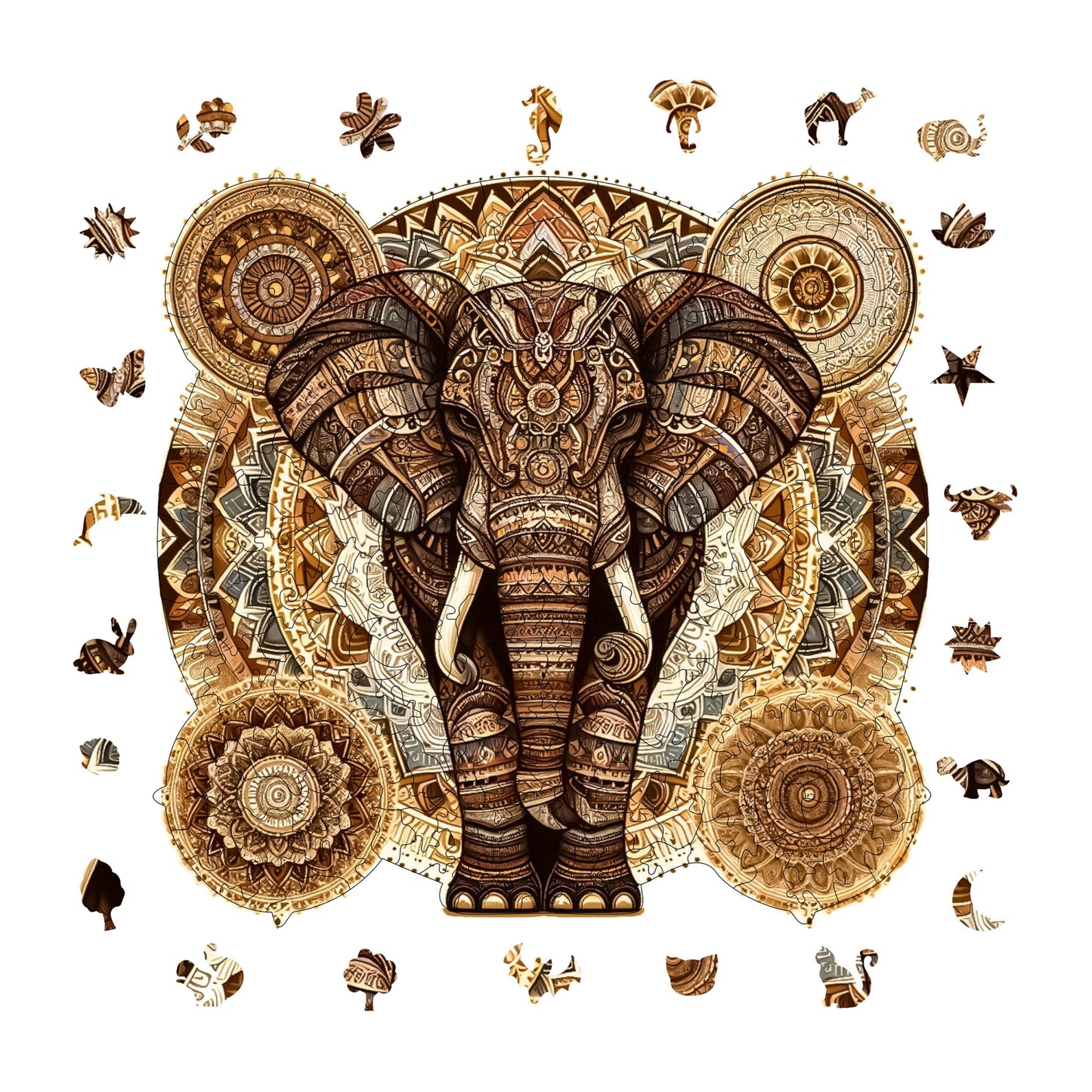 Holzpuzzle für Erwachsene, Majestätisches Mandala-Elefant-Premium-Puzzle, 250 Teile anspruchsvolles Holzpuzzle, 11,4"x11" (29x28 cm) einzigartige Form, Holzpuzzle für Erwachsene