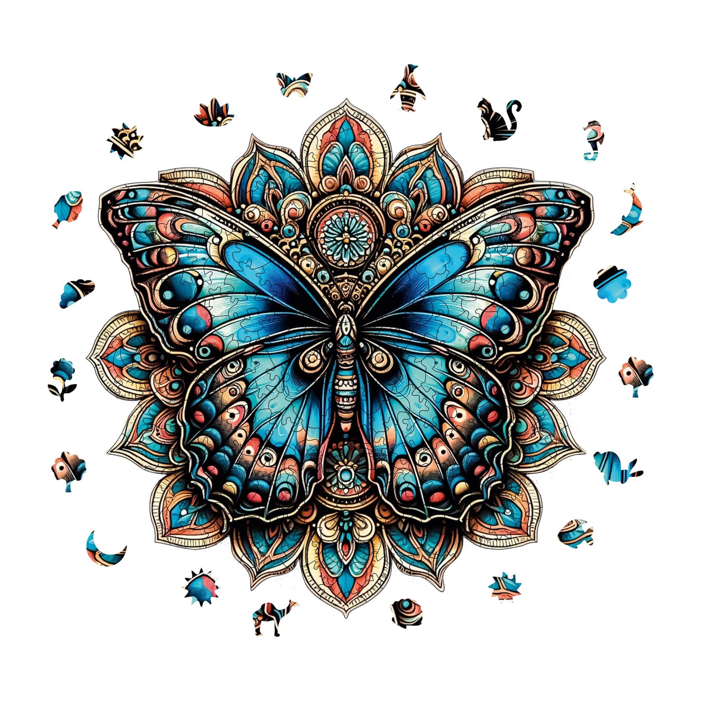 Holzpuzzle für Erwachsene, Mandala-Schmetterling, Premium-Puzzle, 250 Teile, anspruchsvolles Holzpuzzle, 29 x 29 cm, einzigartige Form, Holzpuzzle für Erwachsene