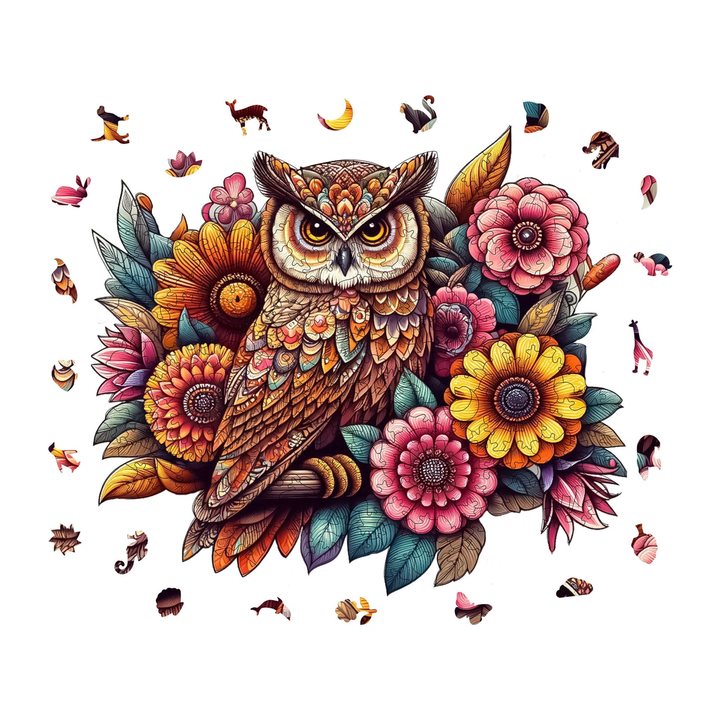 Holzpuzzle für Erwachsene, Flowery Owl Premium Puzzle, 300 Teile anspruchsvolles Holzpuzzle, 11,4"x13" (29x33 cm) einzigartige Form, Holzpuzzle für Erwachsene