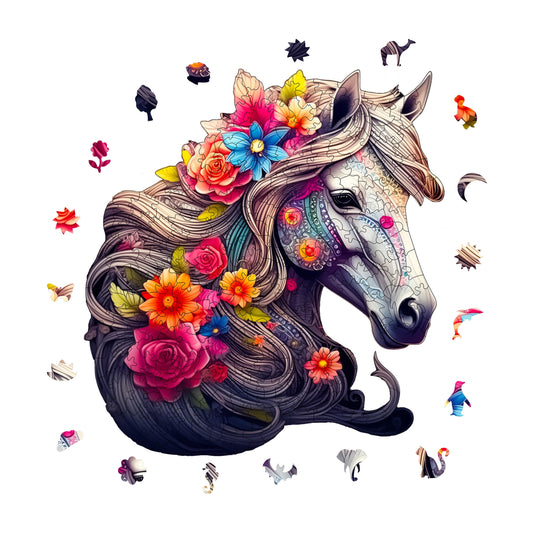 Wooden Puzzles for Adults, Flower Maned Horse Figure Premium Jigsaw Puzzles, 210 Pieces Challenging Wooden Jigsaw, 10,6"x11,4" (27x29 cm)