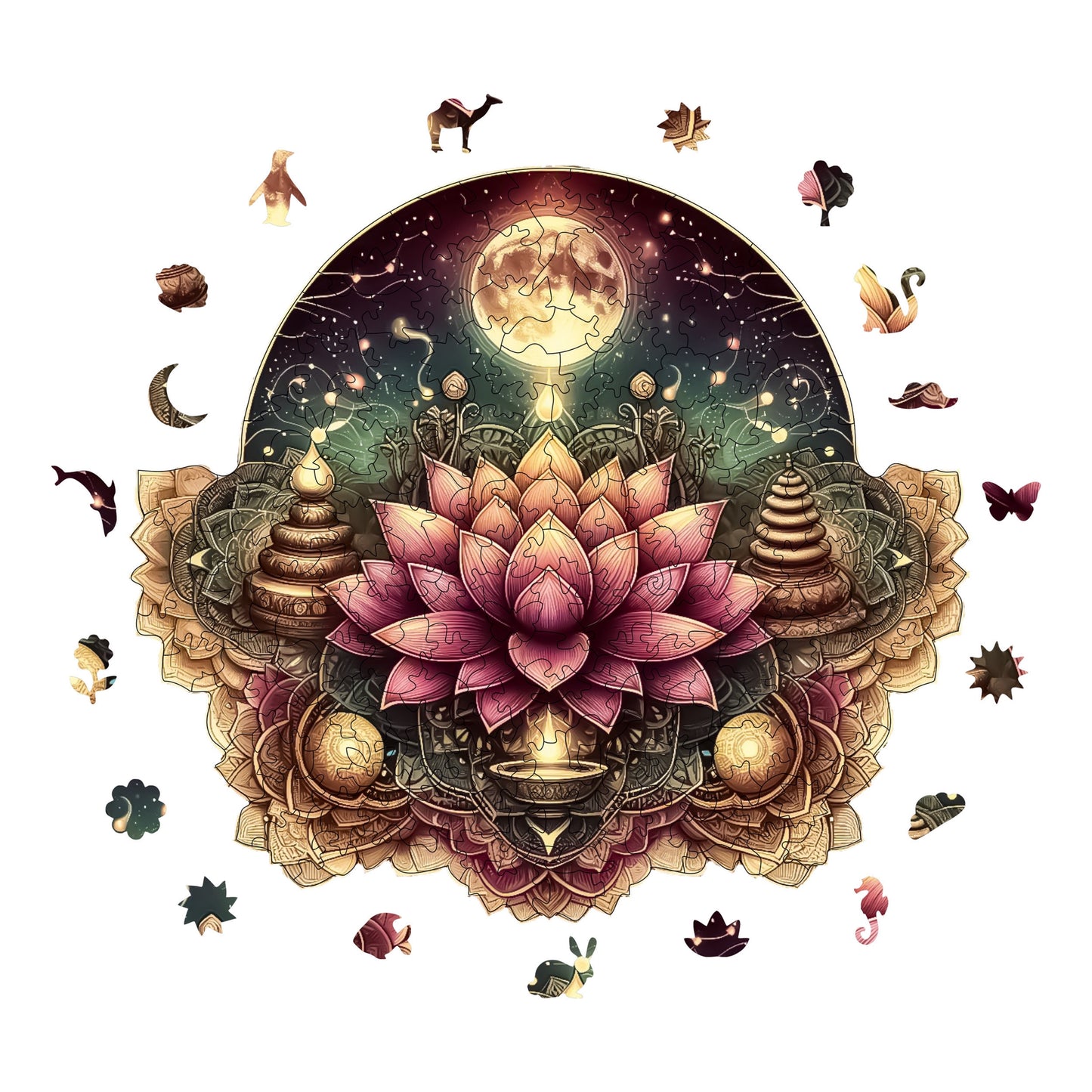 Wooden Puzzles for Adults, Starry Lotus Mandala Premium Jigsaw Puzzles, 280 Pieces Challenging Wooden Jigsaw, 11,4"x10,2" (29x26 cm)