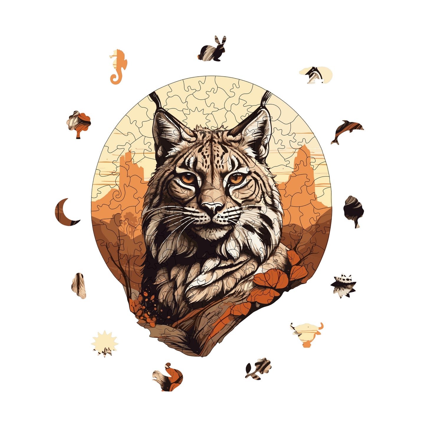 Holzpuzzle für Erwachsene, Desert Lynx Premium Puzzle, 141 Teile anspruchsvolles Holzpuzzle, 9,4"x11" (24x28 cm) einzigartige Form, Holzpuzzle für Erwachsene