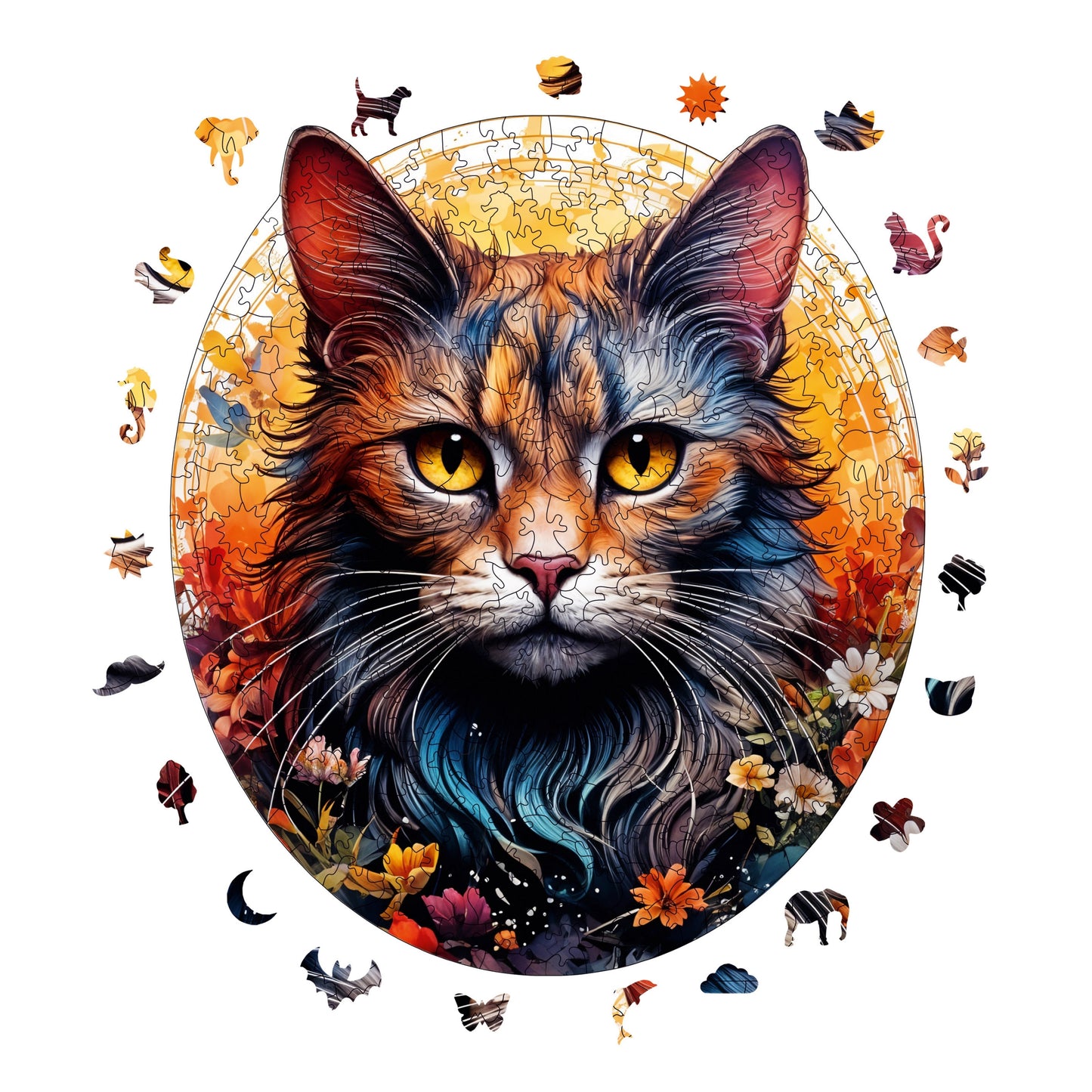 Holzpuzzle für Erwachsene, Premium-Puzzle „Katze und Blume“, 333 Teile, anspruchsvolles Holzpuzzle, 29 x 29 cm, einzigartige Form, Holzpuzzle für Erwachsene