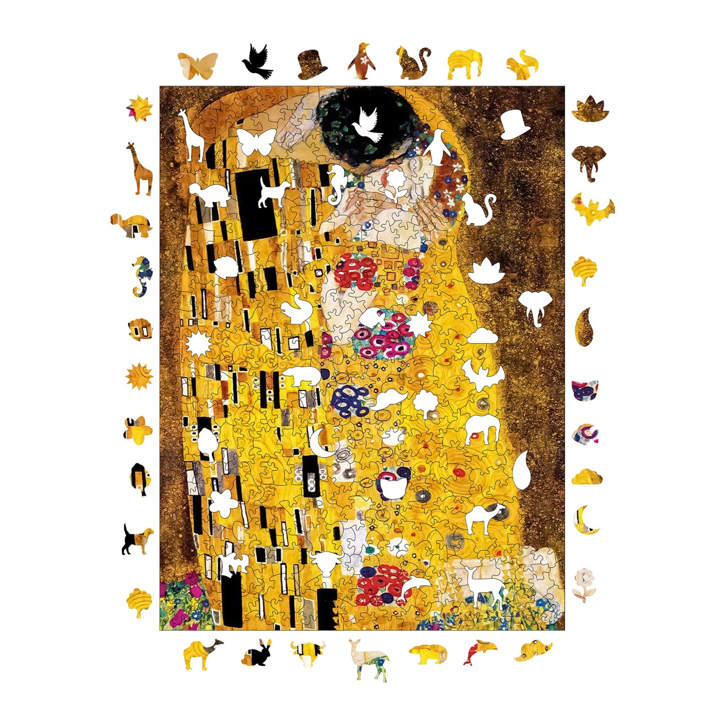 Holzpuzzle für Erwachsene, Gustav Klimt Der Kuss Premium Puzzle, 450 Teile anspruchsvolles Holzpuzzle, 11,4"x15,4" (29x39 cm) einzigartige Form, Holzpuzzle für Erwachsene