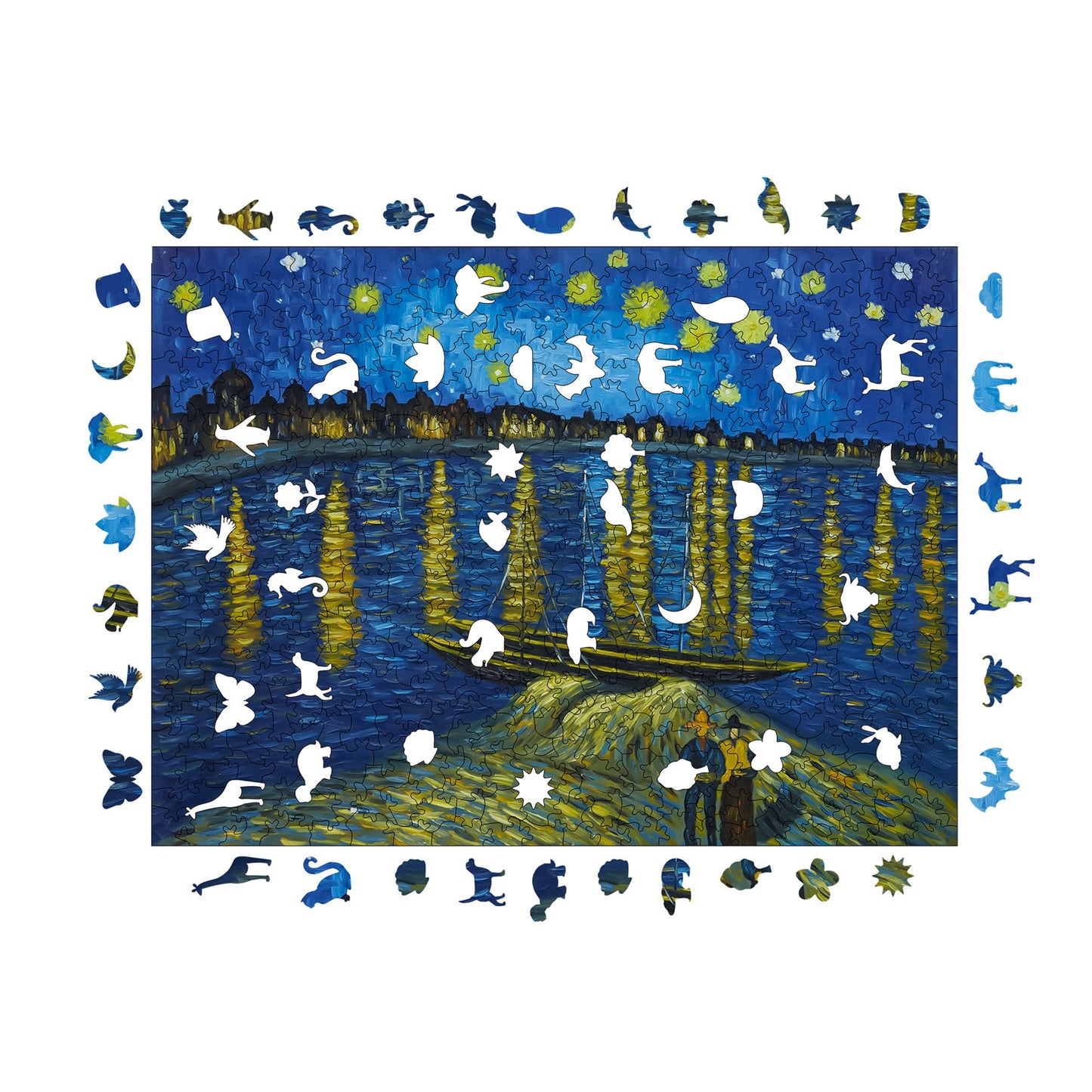 Holzpuzzle für Erwachsene, Van Gogh Eine Sternennacht am Rhein Premium-Puzzle, 450 Teile anspruchsvolles Holzpuzzle, 11,4"x15,4" (29x39 cm) einzigartige Form, Holzpuzzle für Erwachsene