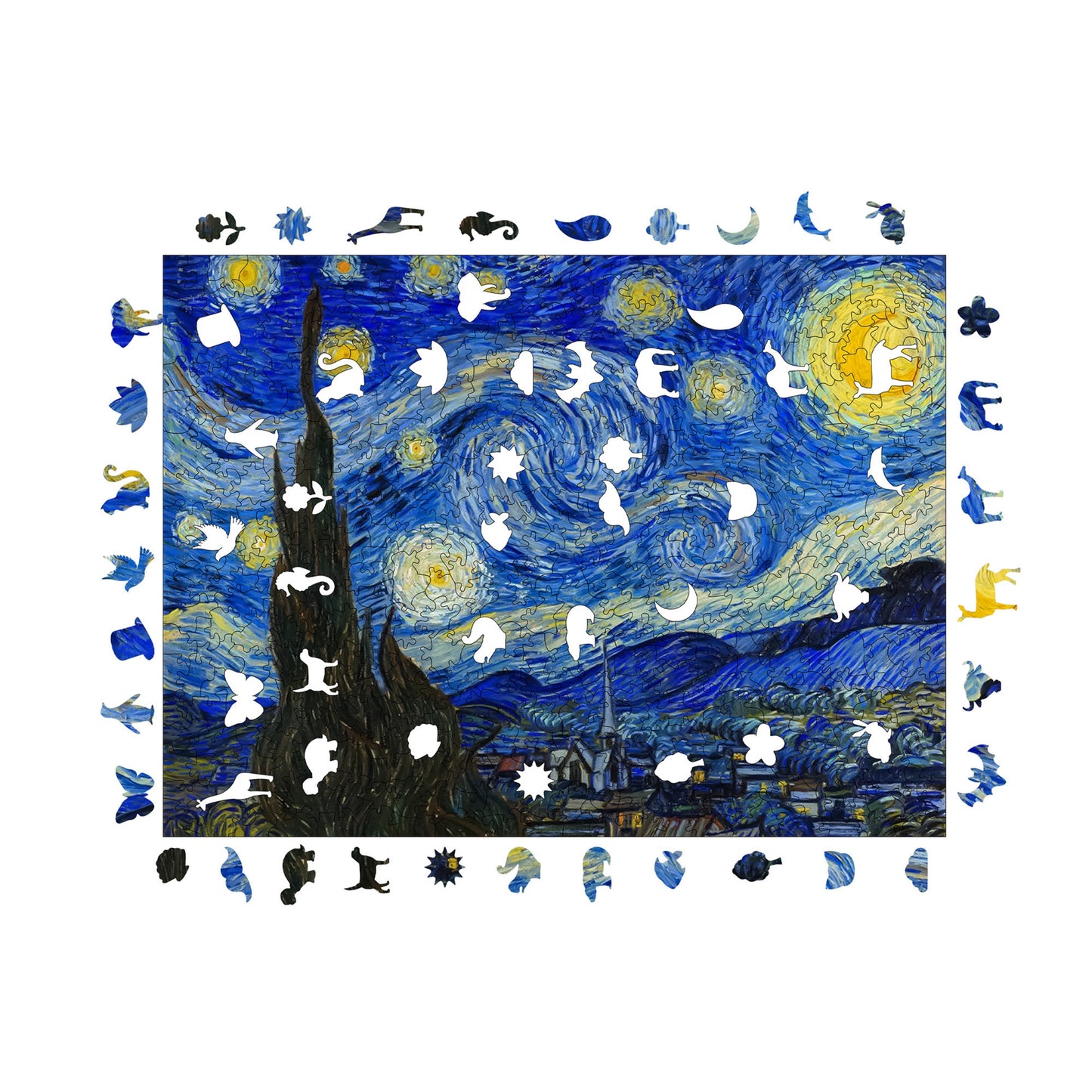 Holzpuzzle für Erwachsene, Van Gogh Sternennacht Premium Puzzle, 450 Teile anspruchsvolles Holzpuzzle, 11,4"x15,4" (29x39 cm) einzigartige Form, Holzpuzzle für Erwachsene