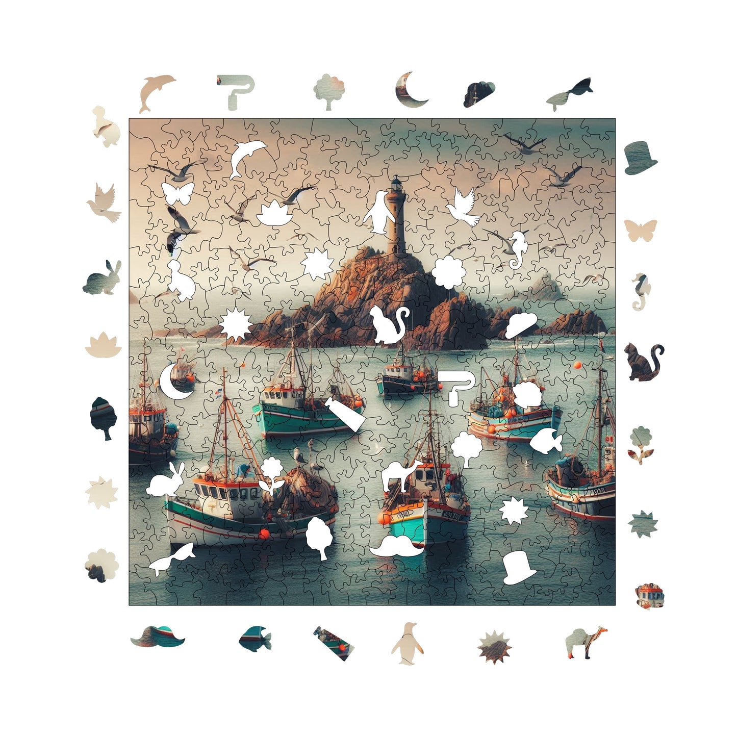 Wooden Puzzles for Adults, Fisherman's Bay Premium Jigsaw Puzzles, 353 Pieces Challenging Wooden Jigsaw, 11,4"x11,4" (29x29 cm)