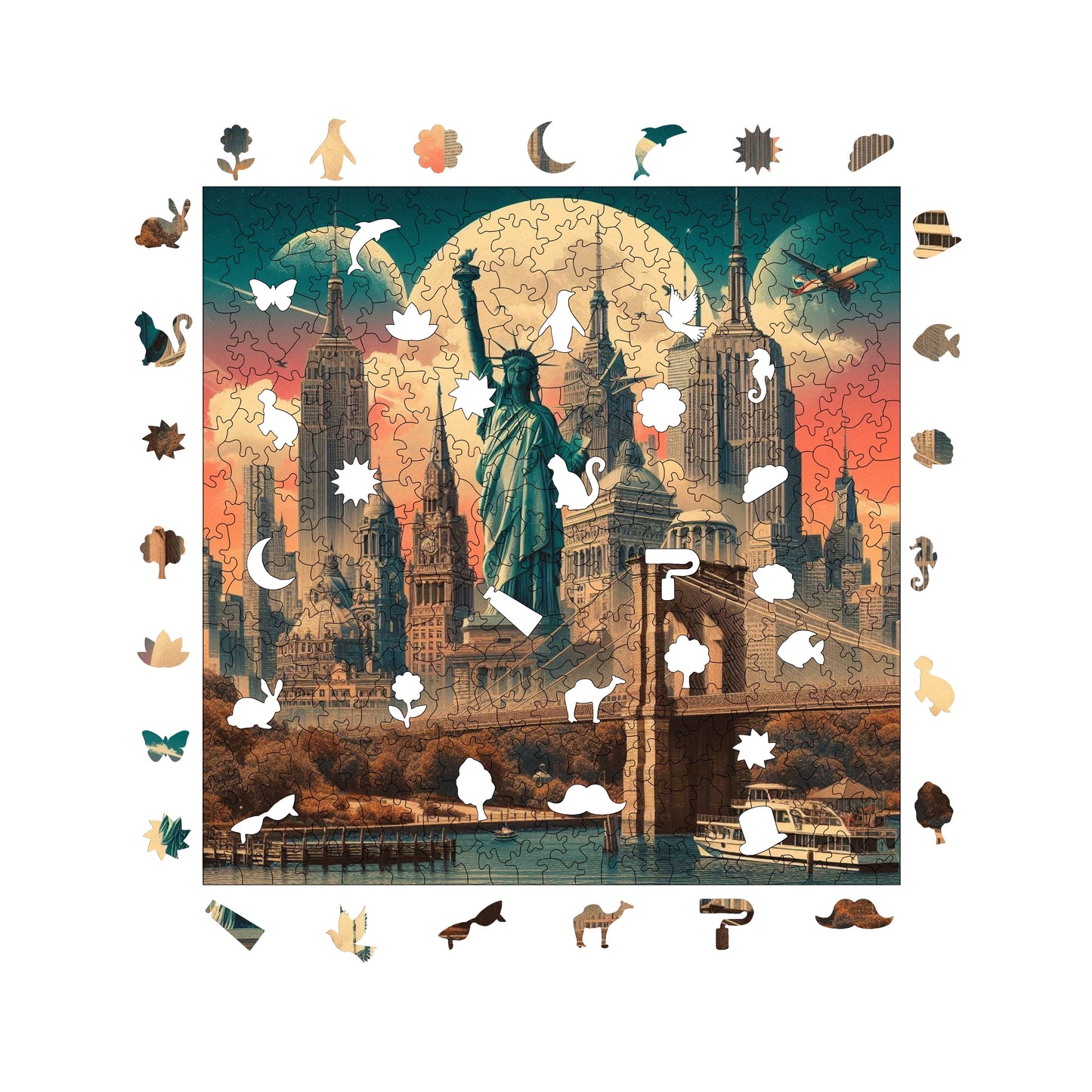 Holzpuzzle für Erwachsene, Kultige New York Premium Puzzles, 353 Teile anspruchsvolles Holzpuzzle, 11,4"x11,4" (29x29 cm) einzigartige Form, Holzpuzzles für Erwachsene