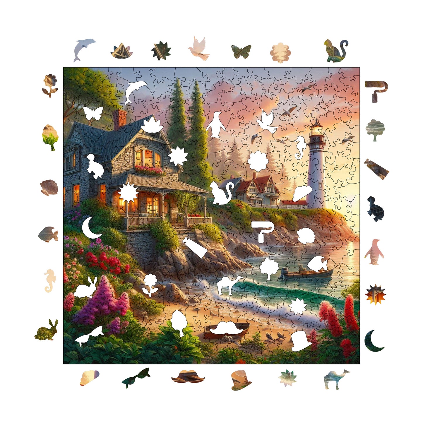 Wooden Puzzles for Adults, Lighthouse And Stone House Premium Jigsaw Puzzles, 353 Pieces Challenging Wooden Jigsaw, 11,4"x11,4" (29x29 cm)