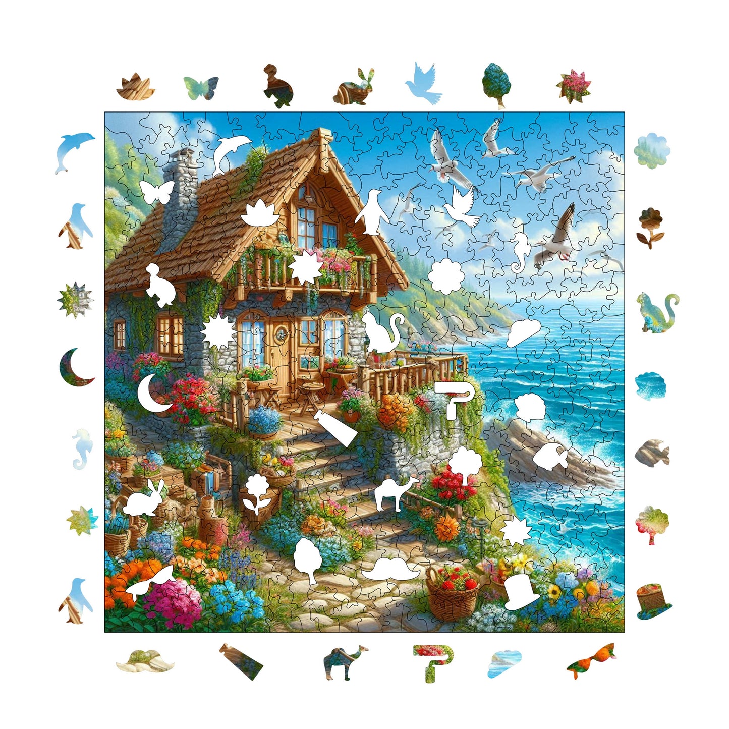 Wooden Puzzles for Adults, Cottage by the Sea Premium Jigsaw Puzzles, 353 Pieces Challenging Wooden Jigsaw, 11,4"x11,4" (29x29 cm)