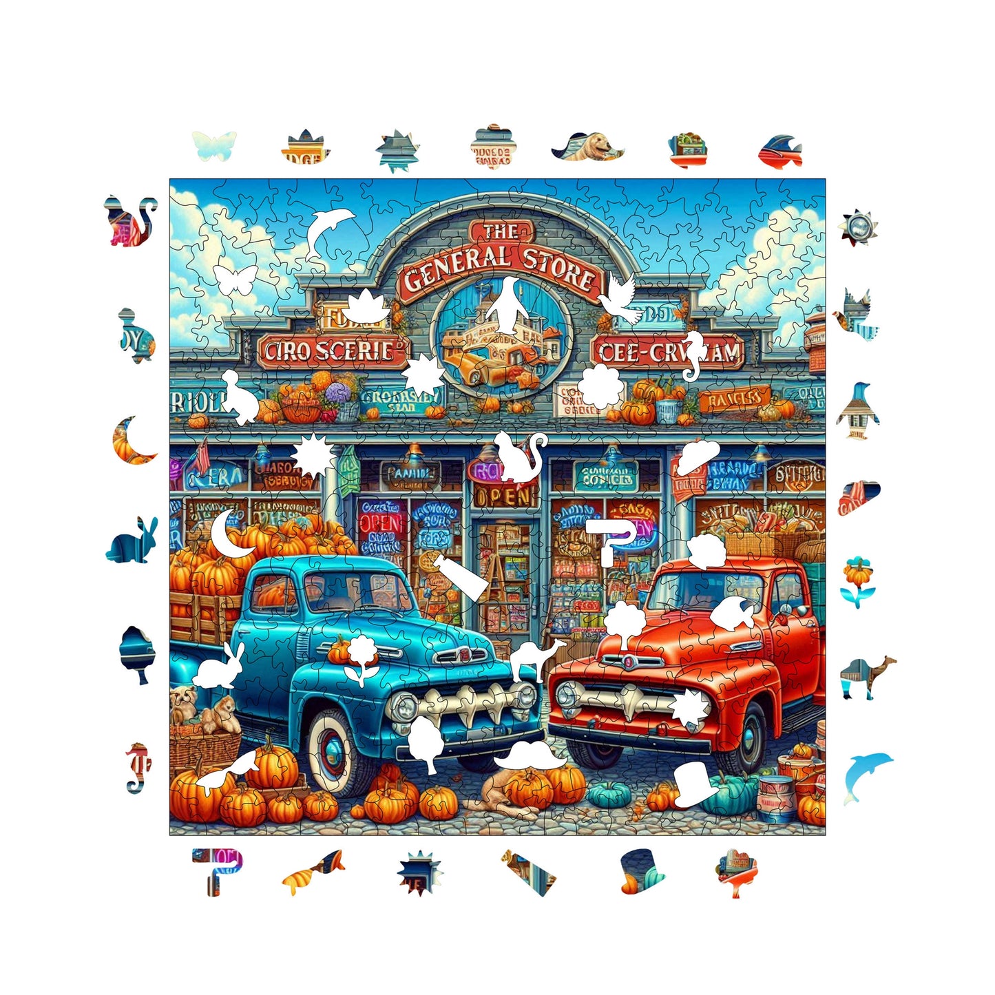 Holzpuzzle für Erwachsene, Small Town Market Premium Puzzle, 353 Teile anspruchsvolles Holzpuzzle, 11,4"x11,4" (29x29 cm) einzigartige Form, Holzpuzzle für Erwachsene