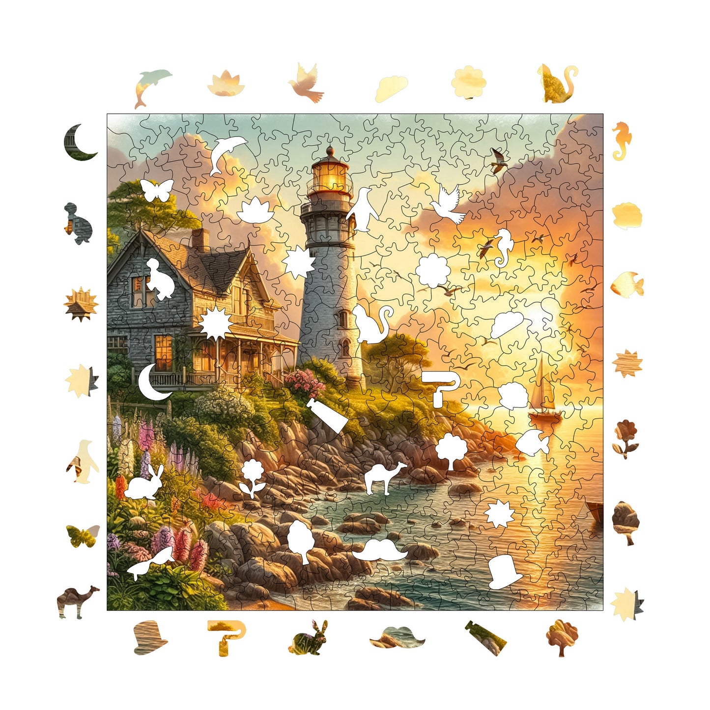 Wooden Puzzles for Adults, Sunset at the Lighthouse Premium Jigsaw Puzzles, 353 Pieces Challenging Wooden Jigsaw, 11,4"x11,4" (29x29 cm)