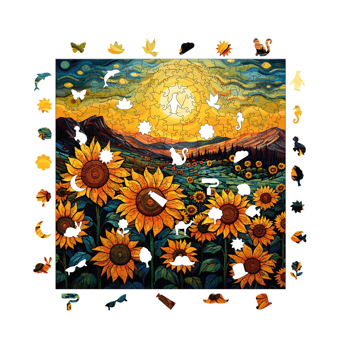 Wooden Puzzles for Adults, Evening in the Sunflower Field Premium Jigsaw Puzzles, 353 Pieces Challenging Wooden Jigsaw, 11,4"x11,4" (29x29 cm)