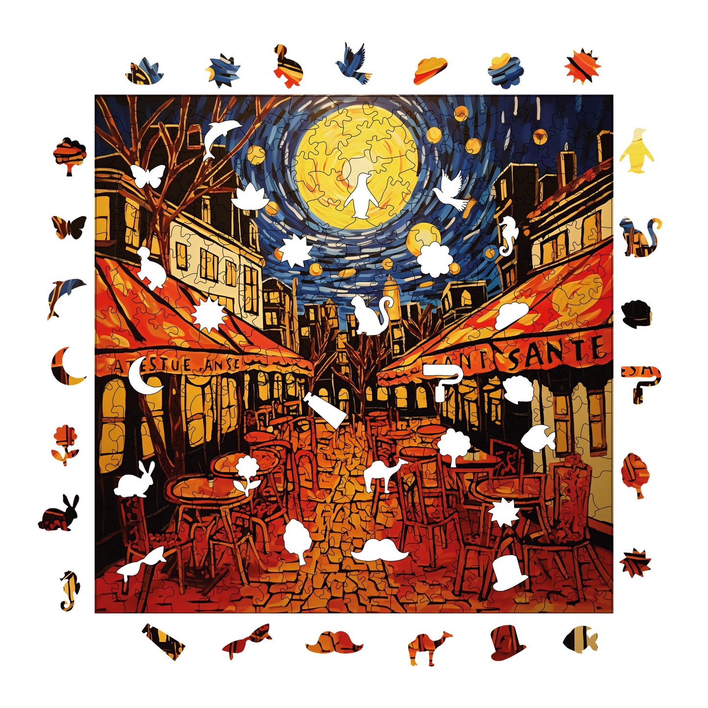 Wooden Puzzles for Adults, Van Gogh Cafe Terrace Starry Night Reproduction Premium Jigsaw Puzzles, 353 Pieces Wooden Jigsaw, 11,4"x11,4" (29x29 cm)