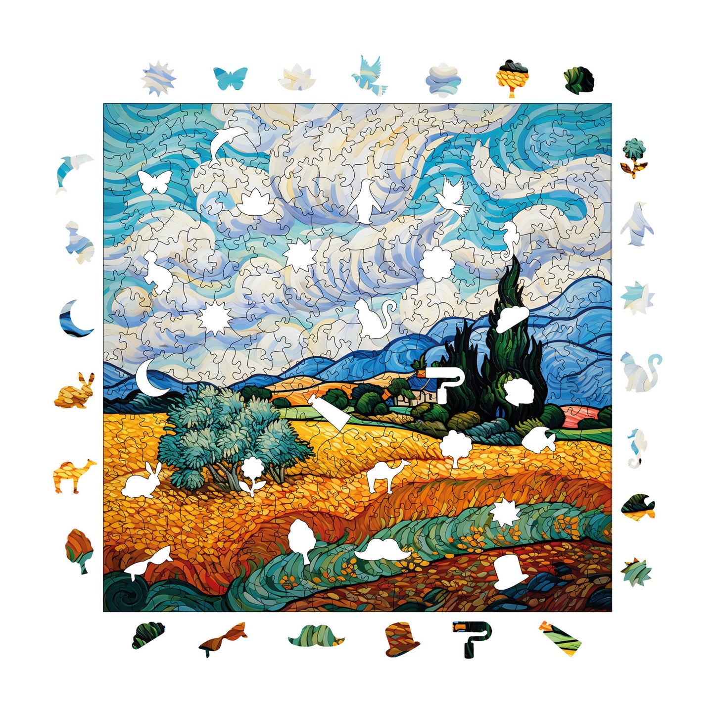 Wooden Puzzles for Adults, Van Gogh Wheat Field with Cypresses Reproduction Premium Jigsaw Puzzles, 353 Pieces Wooden Jigsaw, 11,4"x11,4" (29x29 cm)
