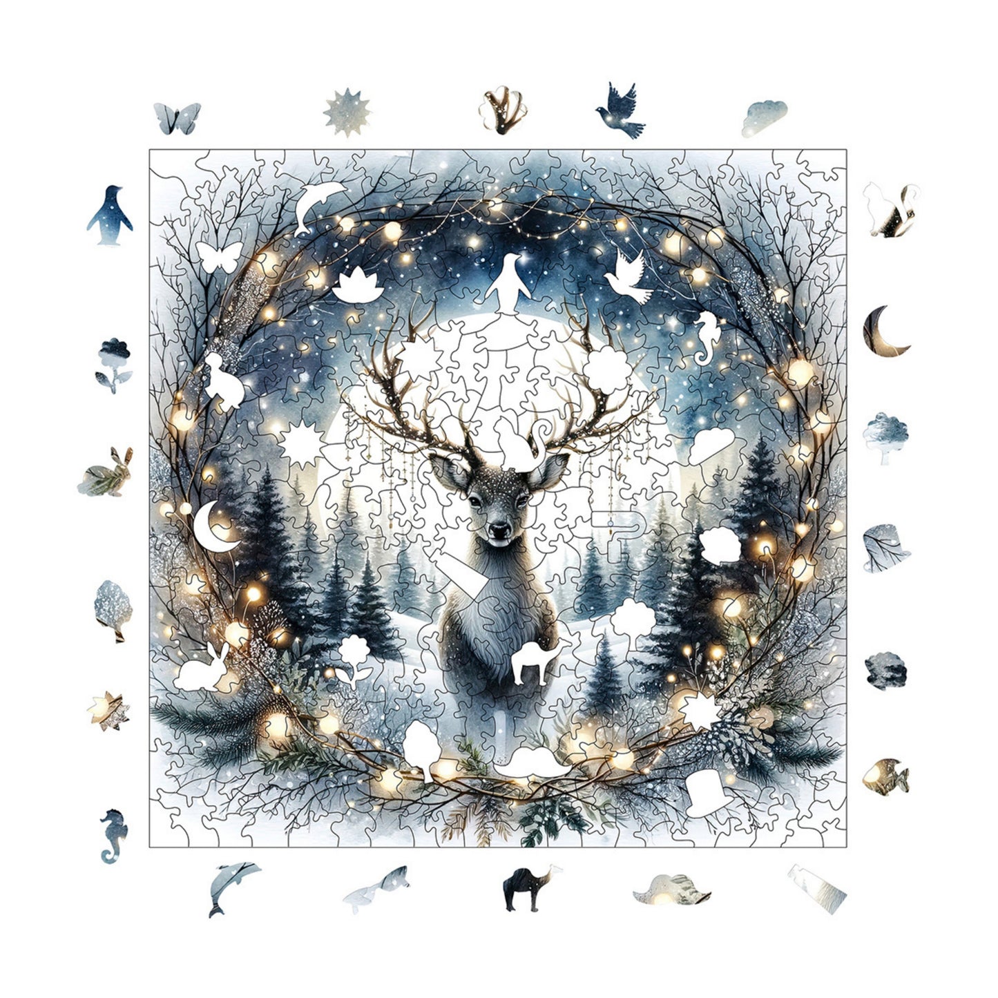 Holzpuzzle für Erwachsene, Hirsch unter dem Silbermond, Premium-Puzzle, 353 Teile, anspruchsvolles Holzpuzzle, 29 x 29 cm, einzigartige Form, Holzpuzzle für Erwachsene