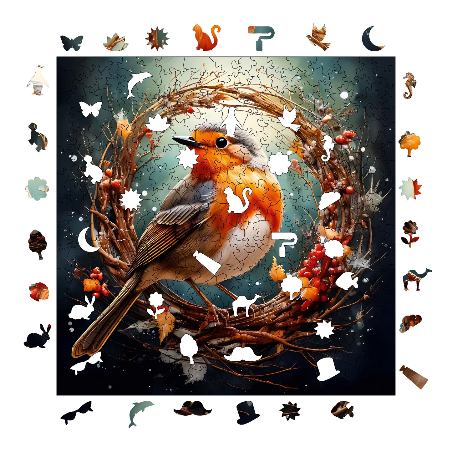Holzpuzzle für Erwachsene, Rotkehlchen-Vogel-Premium-Puzzle, 353 Teile anspruchsvolles Holzpuzzle, 11,4"x11,4" (29x29 cm) einzigartige Form, Holzpuzzle für Erwachsene