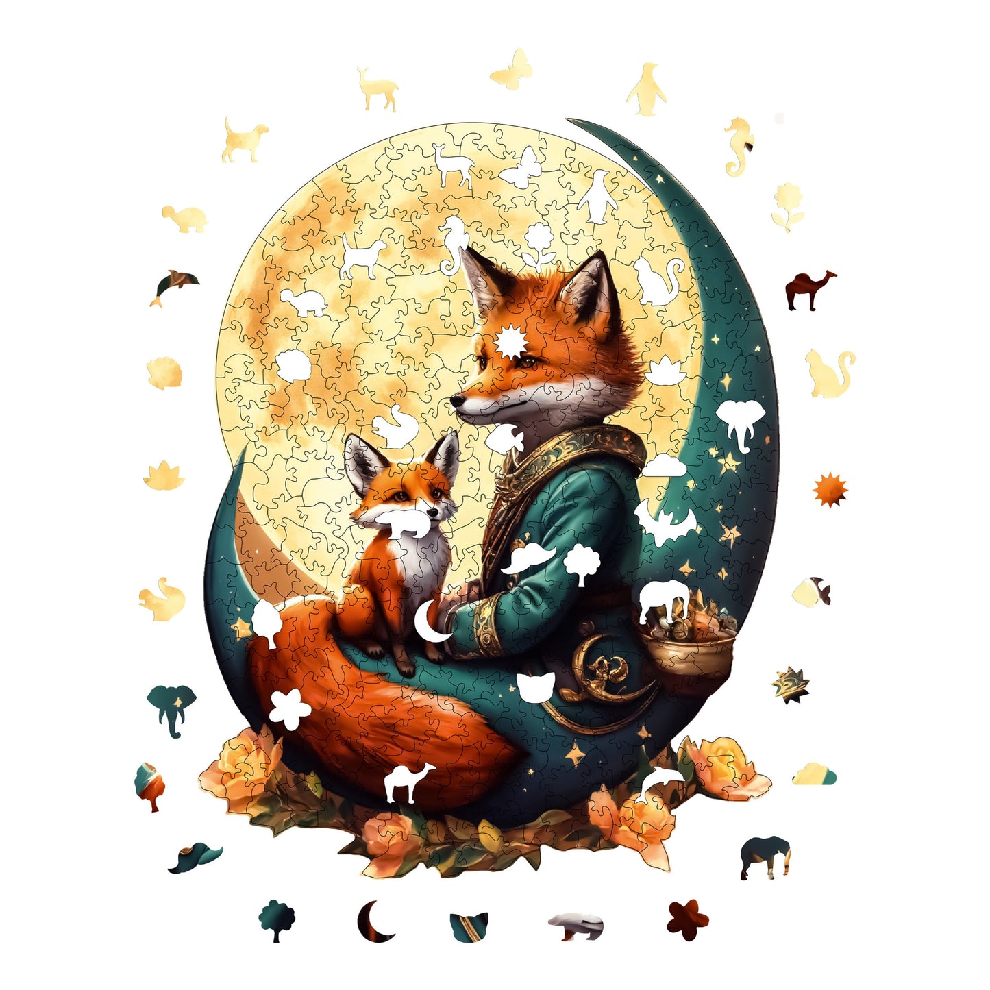 Holzpuzzle für Erwachsene, Tanz des Fuchses und des Mondes, Premium-Puzzle, 320 Teile, anspruchsvolles Holzpuzzle, 11,4"x15" (29x38 cm), einzigartige Form, Holzpuzzle für Erwachsene