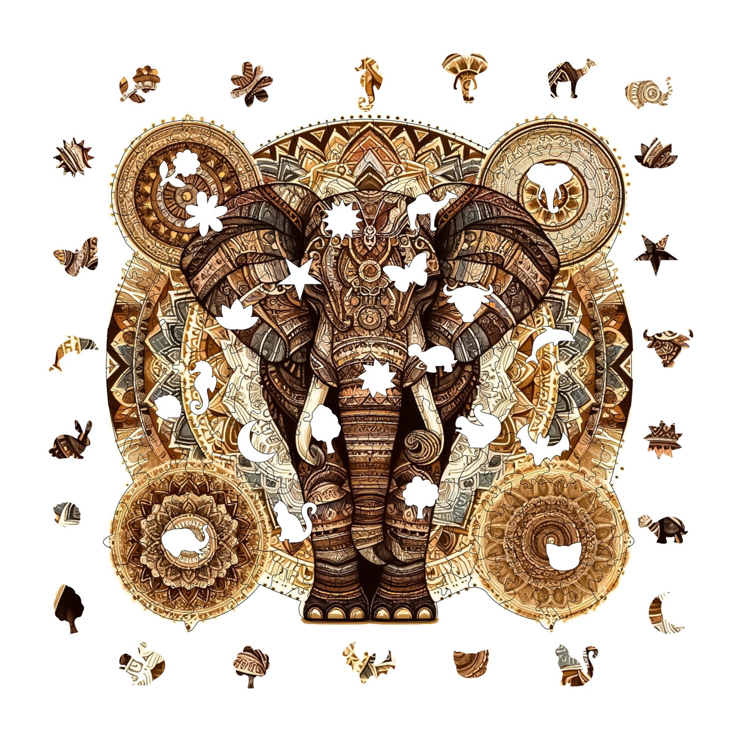 Holzpuzzle für Erwachsene, Majestätisches Mandala-Elefant-Premium-Puzzle, 250 Teile anspruchsvolles Holzpuzzle, 11,4"x11" (29x28 cm) einzigartige Form, Holzpuzzle für Erwachsene