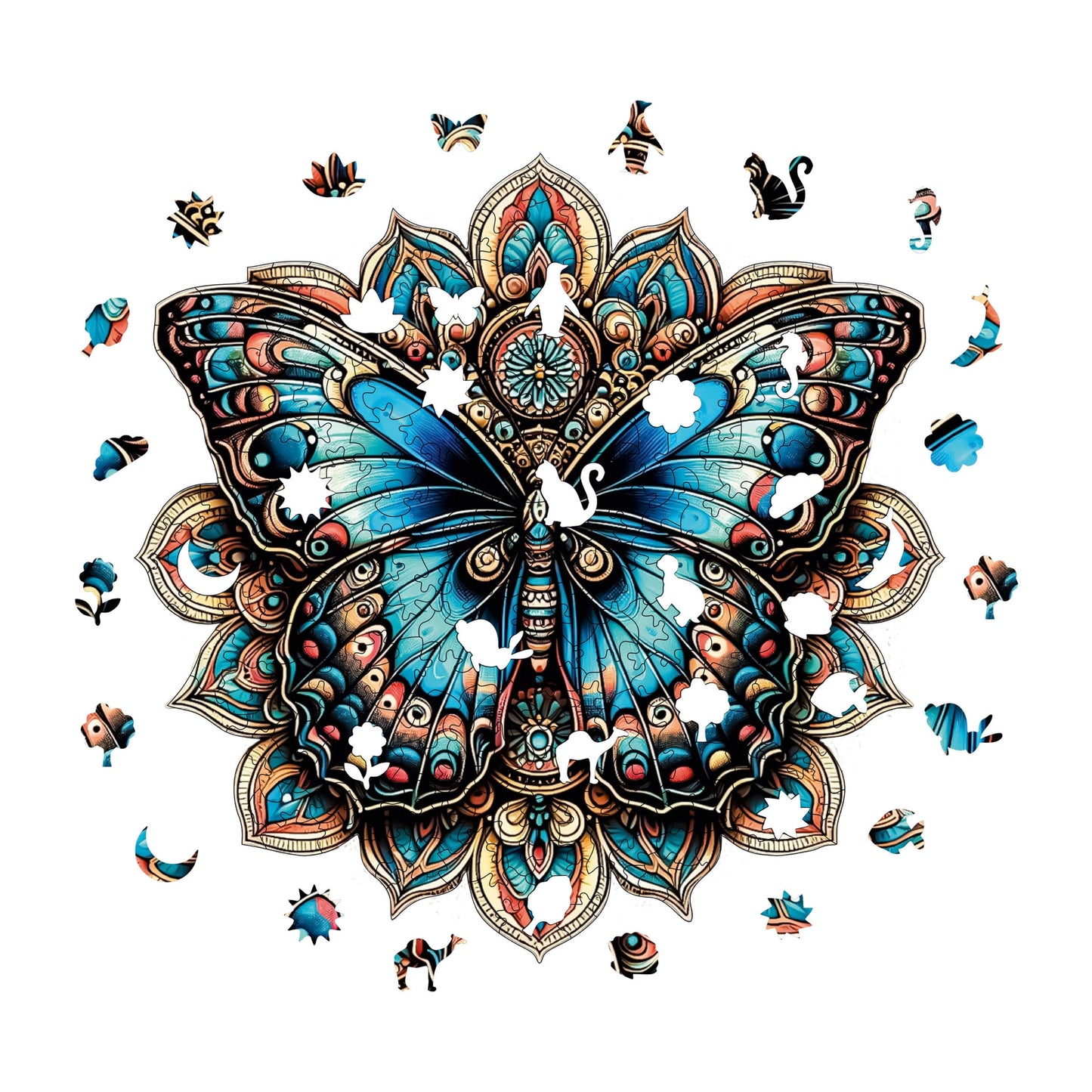 Holzpuzzle für Erwachsene, Mandala-Schmetterling, Premium-Puzzle, 250 Teile, anspruchsvolles Holzpuzzle, 29 x 29 cm, einzigartige Form, Holzpuzzle für Erwachsene