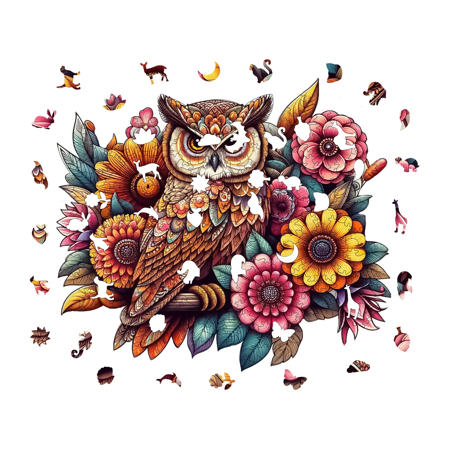 Holzpuzzle für Erwachsene, Flowery Owl Premium Puzzle, 300 Teile anspruchsvolles Holzpuzzle, 11,4"x13" (29x33 cm) einzigartige Form, Holzpuzzle für Erwachsene