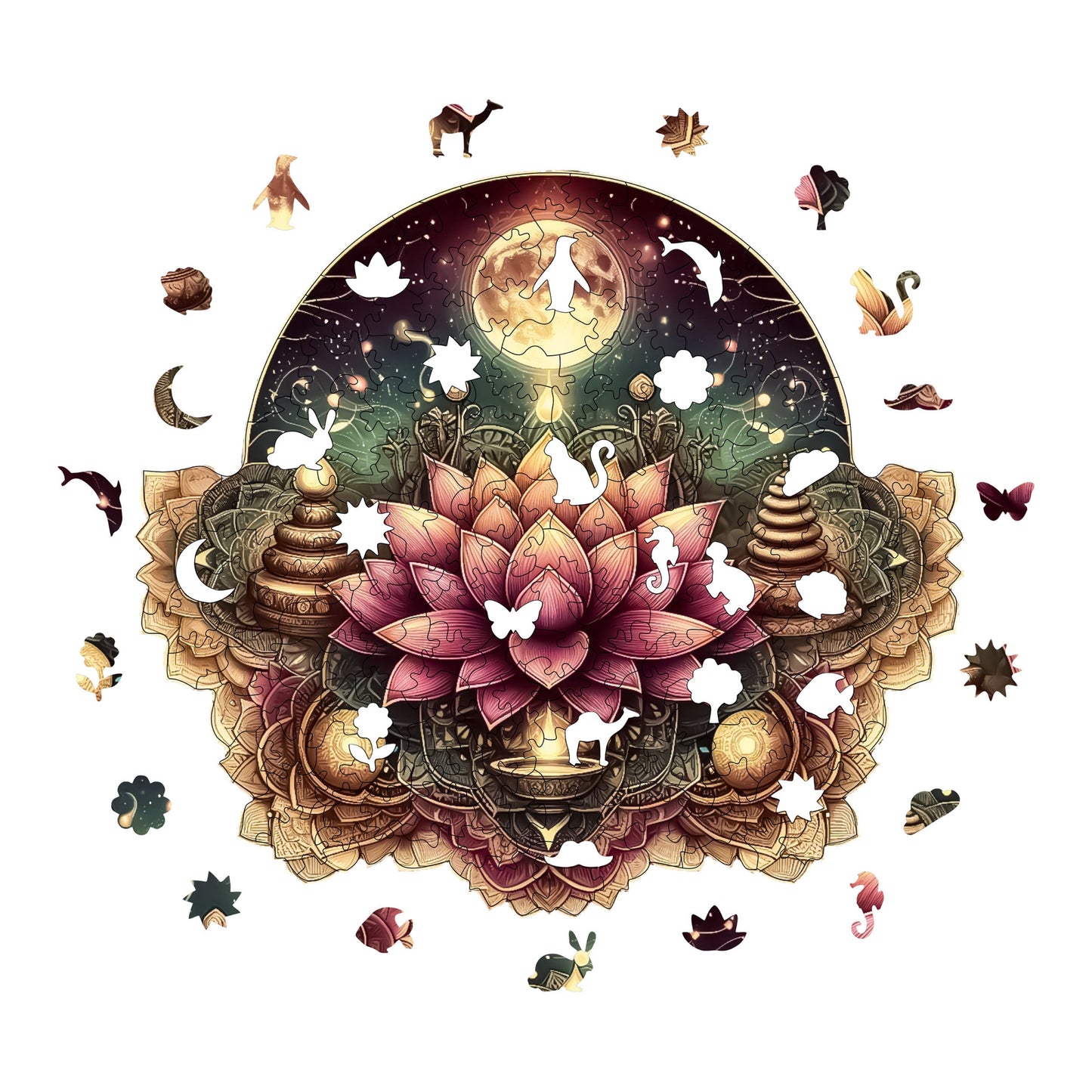 Wooden Puzzles for Adults, Starry Lotus Mandala Premium Jigsaw Puzzles, 280 Pieces Challenging Wooden Jigsaw, 11,4"x10,2" (29x26 cm)