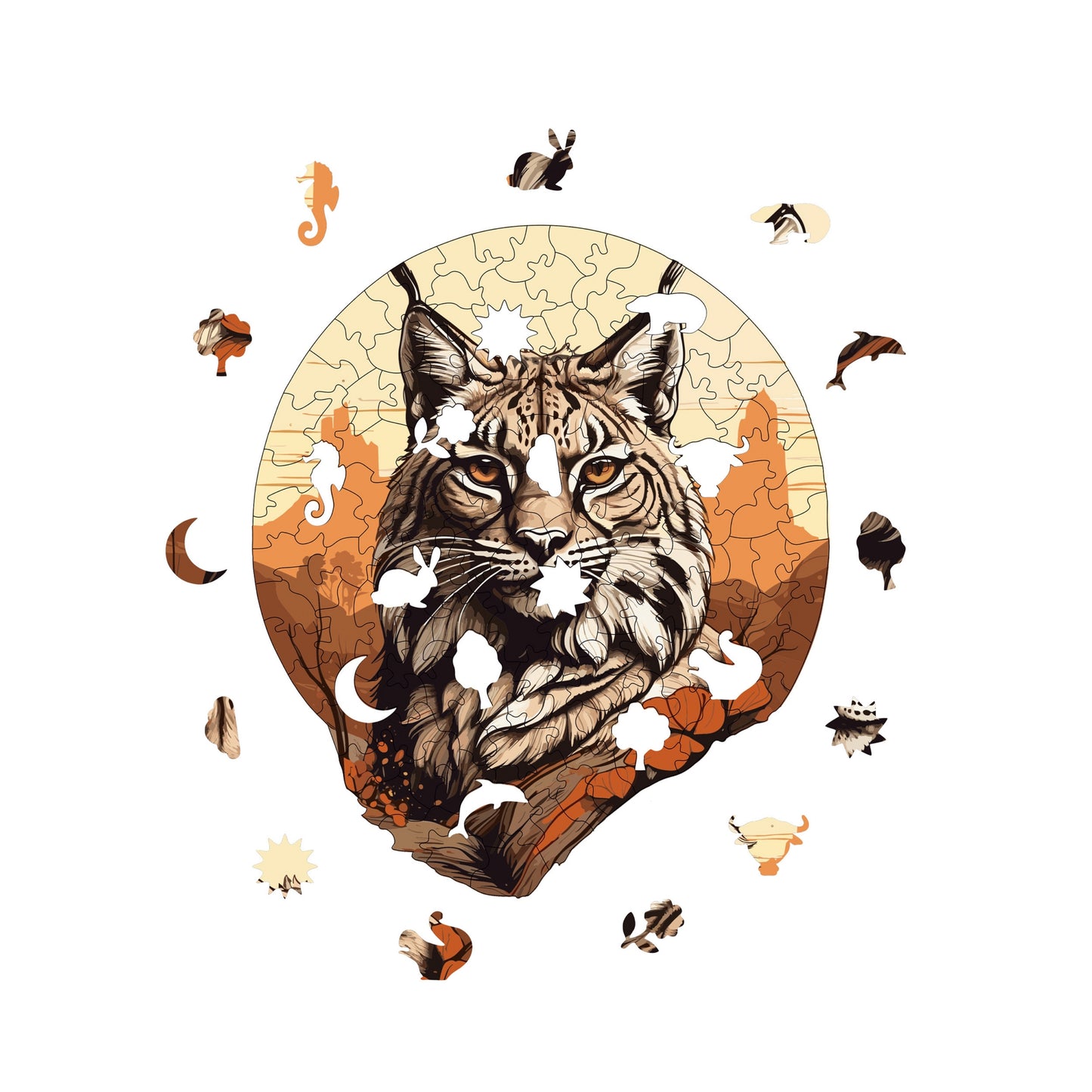 Holzpuzzle für Erwachsene, Desert Lynx Premium Puzzle, 141 Teile anspruchsvolles Holzpuzzle, 9,4"x11" (24x28 cm) einzigartige Form, Holzpuzzle für Erwachsene