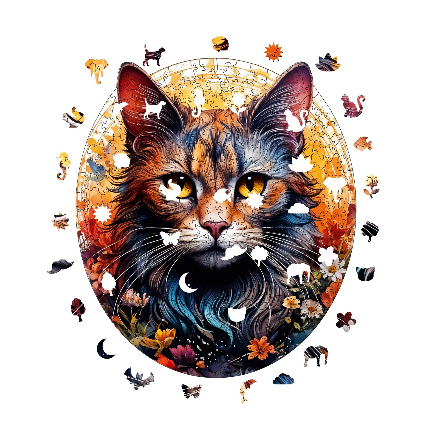 Holzpuzzle für Erwachsene, Premium-Puzzle „Katze und Blume“, 333 Teile, anspruchsvolles Holzpuzzle, 29 x 29 cm, einzigartige Form, Holzpuzzle für Erwachsene