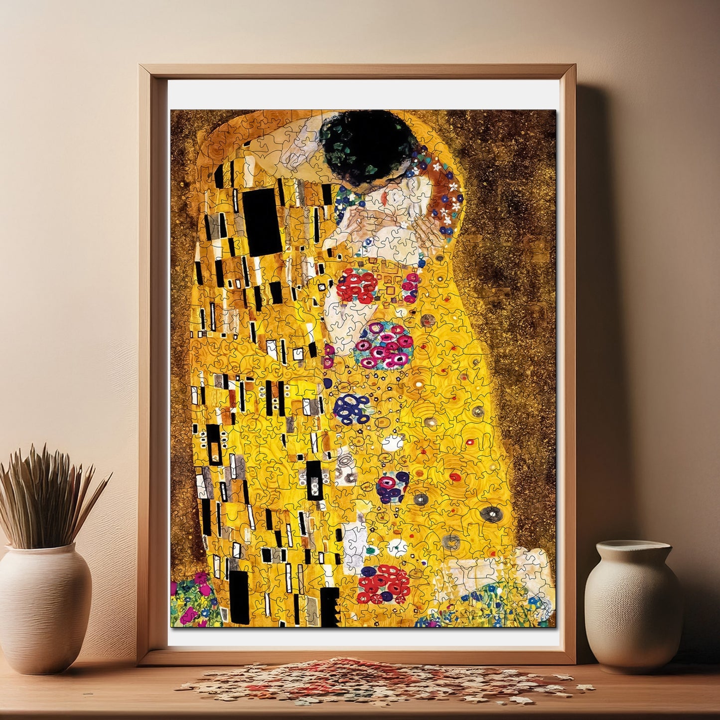Holzpuzzle für Erwachsene, Gustav Klimt Der Kuss Premium Puzzle, 450 Teile anspruchsvolles Holzpuzzle, 11,4"x15,4" (29x39 cm) einzigartige Form, Holzpuzzle für Erwachsene