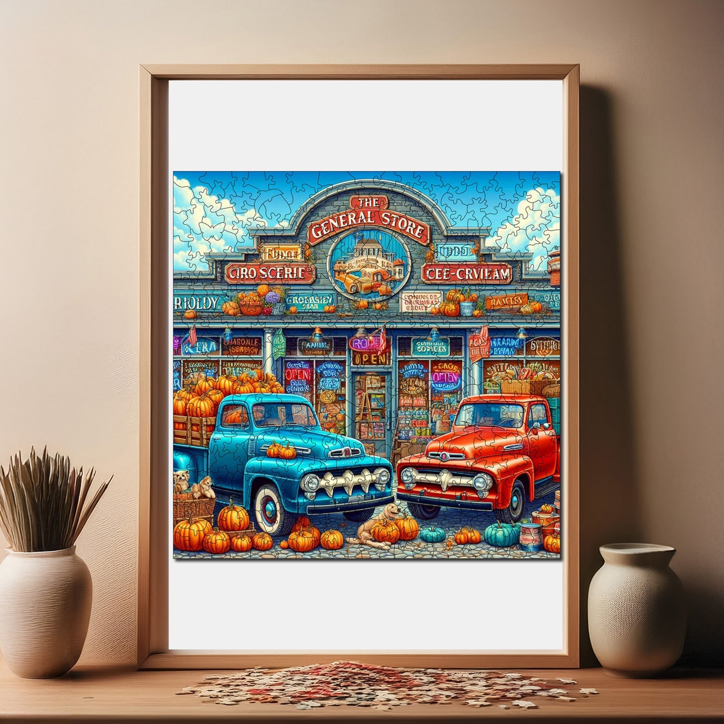 Holzpuzzle für Erwachsene, Small Town Market Premium Puzzle, 353 Teile anspruchsvolles Holzpuzzle, 11,4"x11,4" (29x29 cm) einzigartige Form, Holzpuzzle für Erwachsene
