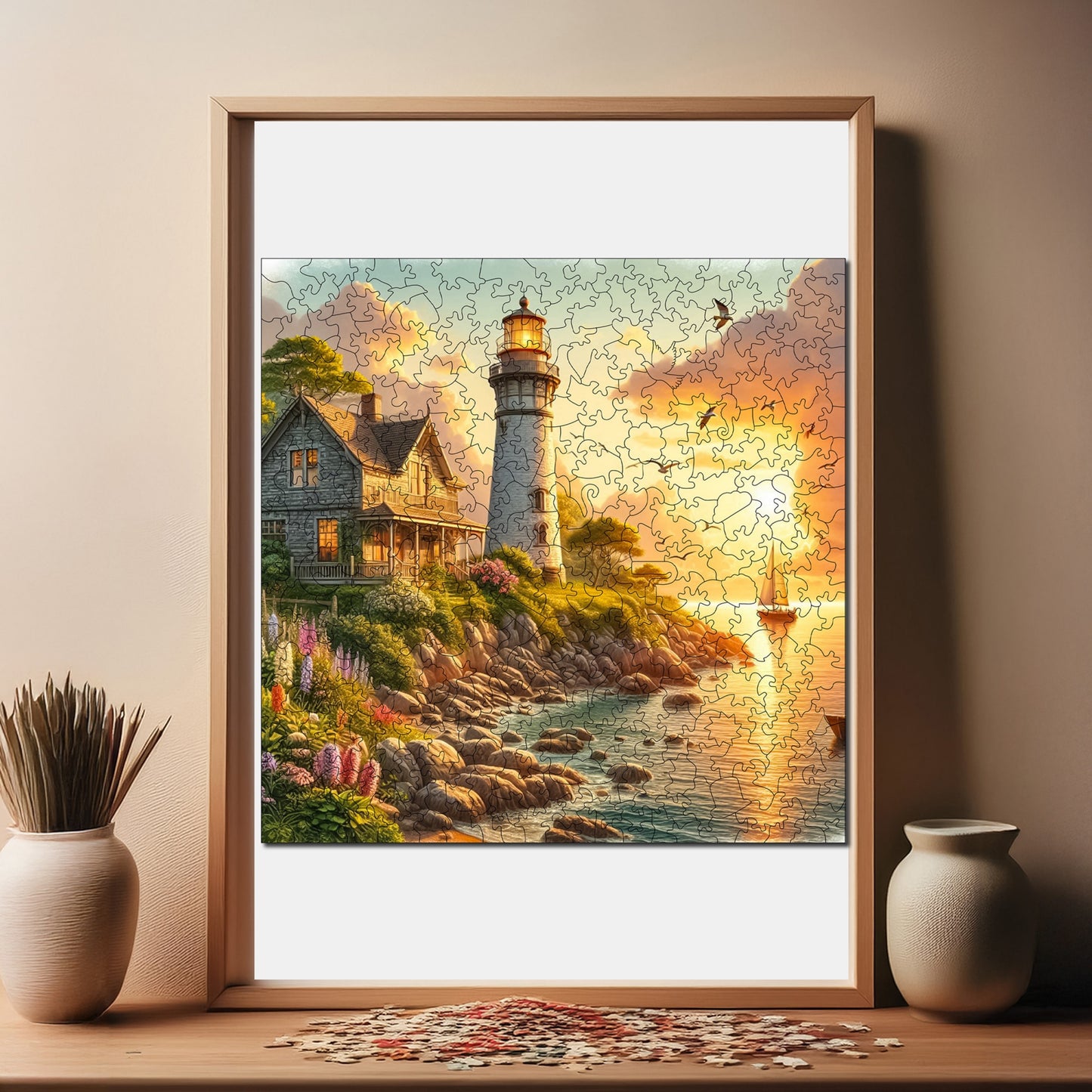 Wooden Puzzles for Adults, Sunset at the Lighthouse Premium Jigsaw Puzzles, 353 Pieces Challenging Wooden Jigsaw, 11,4"x11,4" (29x29 cm)