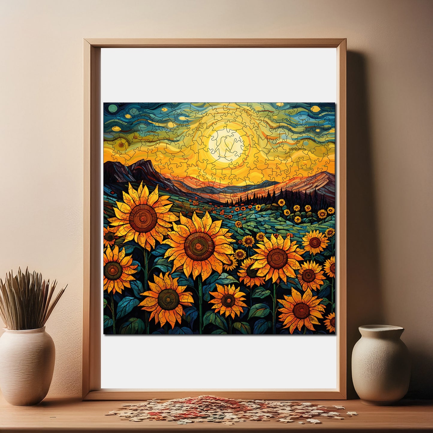 Wooden Puzzles for Adults, Evening in the Sunflower Field Premium Jigsaw Puzzles, 353 Pieces Challenging Wooden Jigsaw, 11,4"x11,4" (29x29 cm)