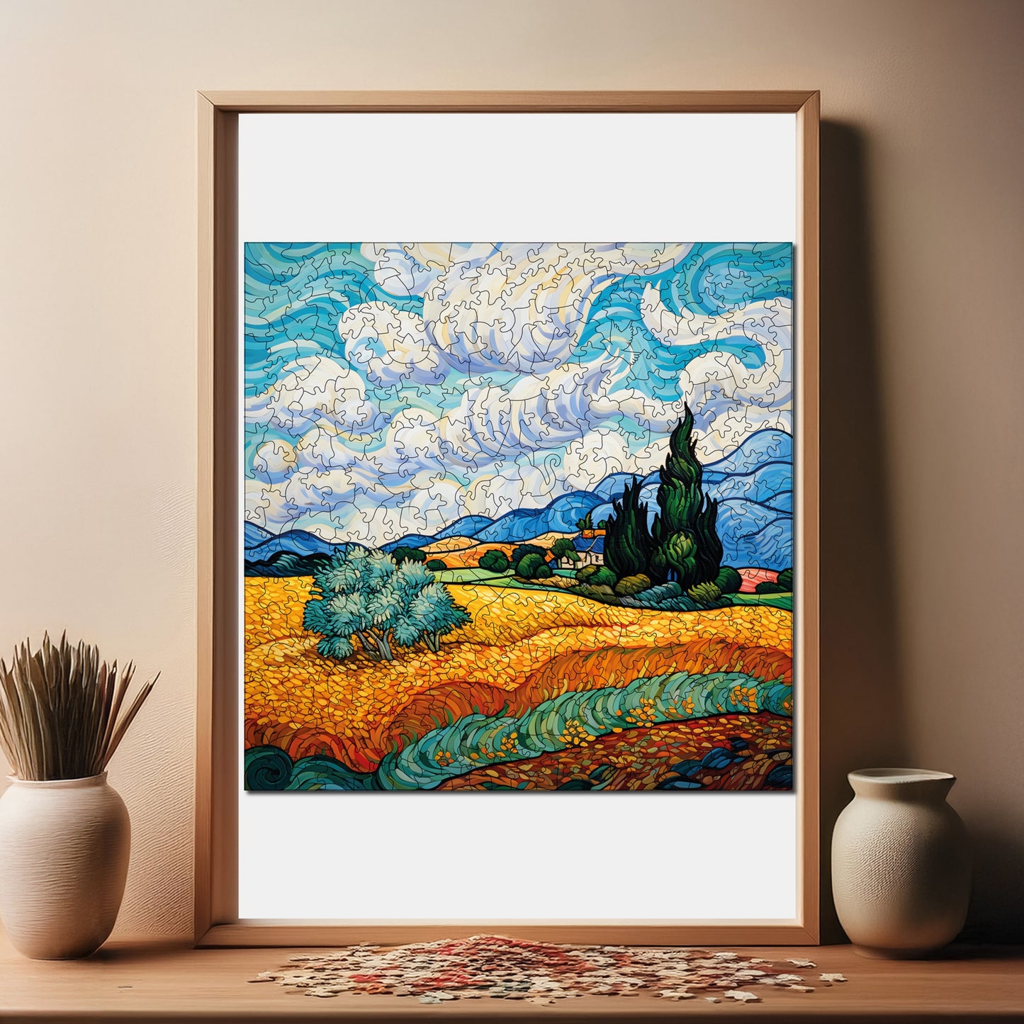 Wooden Puzzles for Adults, Van Gogh Wheat Field with Cypresses Reproduction Premium Jigsaw Puzzles, 353 Pieces Wooden Jigsaw, 11,4"x11,4" (29x29 cm)