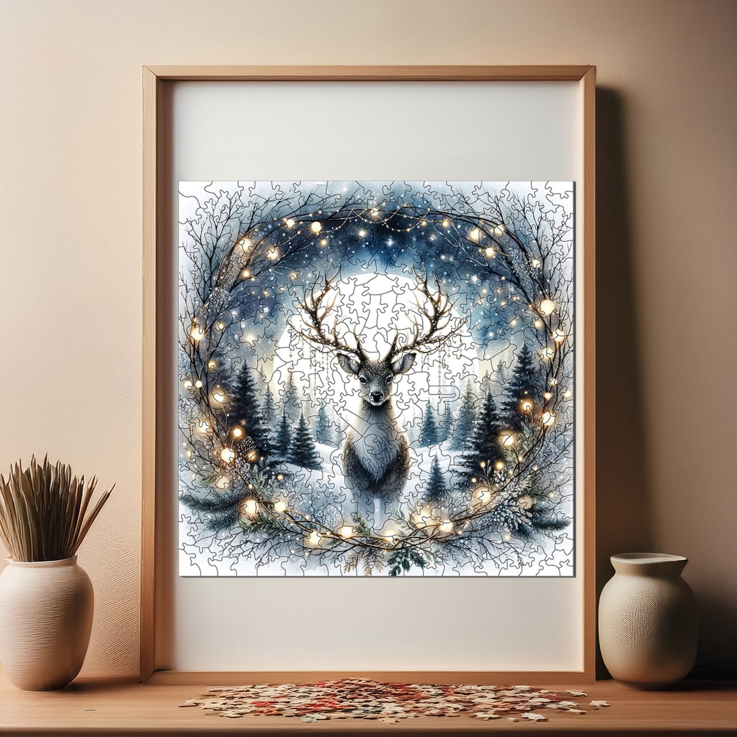 Holzpuzzle für Erwachsene, Hirsch unter dem Silbermond, Premium-Puzzle, 353 Teile, anspruchsvolles Holzpuzzle, 29 x 29 cm, einzigartige Form, Holzpuzzle für Erwachsene