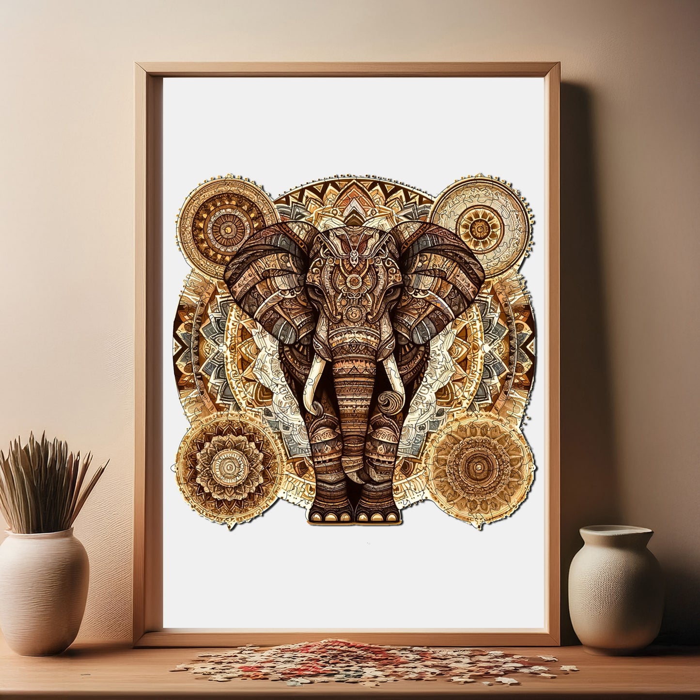 Holzpuzzle für Erwachsene, Majestätisches Mandala-Elefant-Premium-Puzzle, 250 Teile anspruchsvolles Holzpuzzle, 11,4"x11" (29x28 cm) einzigartige Form, Holzpuzzle für Erwachsene