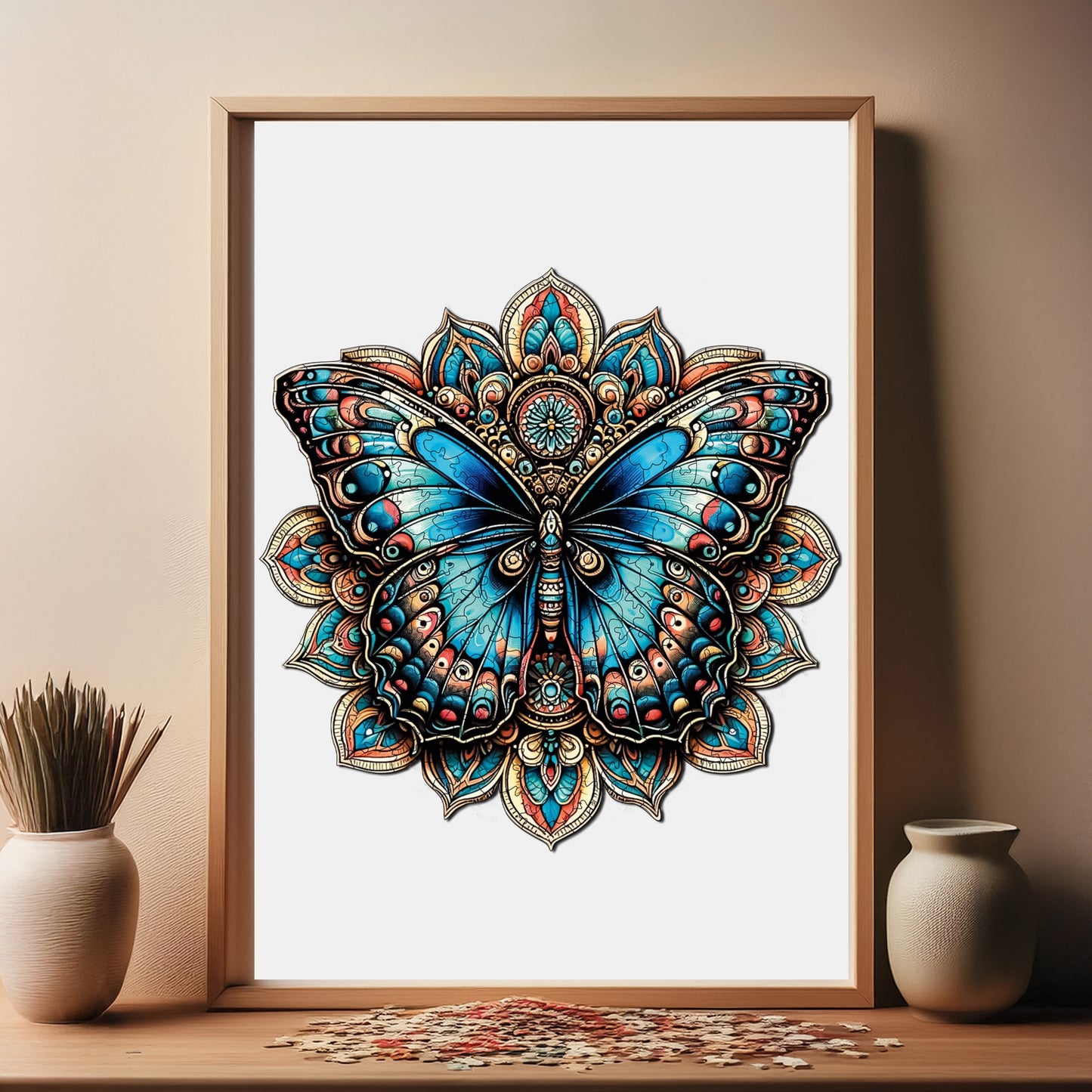Holzpuzzle für Erwachsene, Mandala-Schmetterling, Premium-Puzzle, 250 Teile, anspruchsvolles Holzpuzzle, 29 x 29 cm, einzigartige Form, Holzpuzzle für Erwachsene
