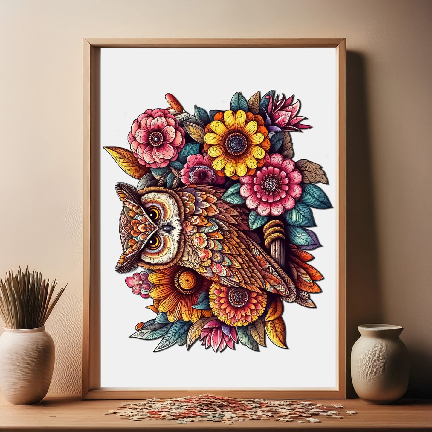 Holzpuzzle für Erwachsene, Flowery Owl Premium Puzzle, 300 Teile anspruchsvolles Holzpuzzle, 11,4"x13" (29x33 cm) einzigartige Form, Holzpuzzle für Erwachsene