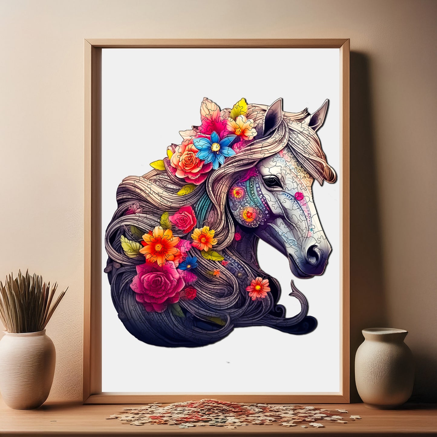 Holzpuzzle für Erwachsene, Premium-Puzzle mit Pferd mit Blumenmähne, 210 Teile, anspruchsvolles Holzpuzzle, 27 x 29 cm (10,6 x 11,4 Zoll), einzigartige Form, Holzpuzzle für Erwachsene