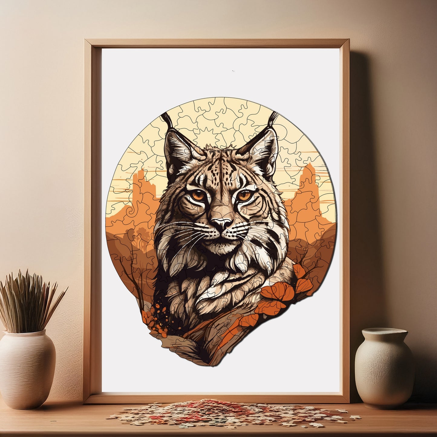 Holzpuzzle für Erwachsene, Desert Lynx Premium Puzzle, 141 Teile anspruchsvolles Holzpuzzle, 9,4"x11" (24x28 cm) einzigartige Form, Holzpuzzle für Erwachsene